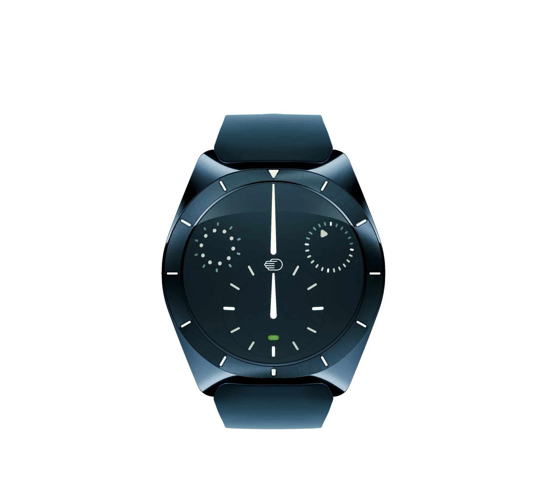 Sleek black luxury smartwatch, front view. Dark dial with central white pointer, two dotted sub-dials, hand logo, green indicator.