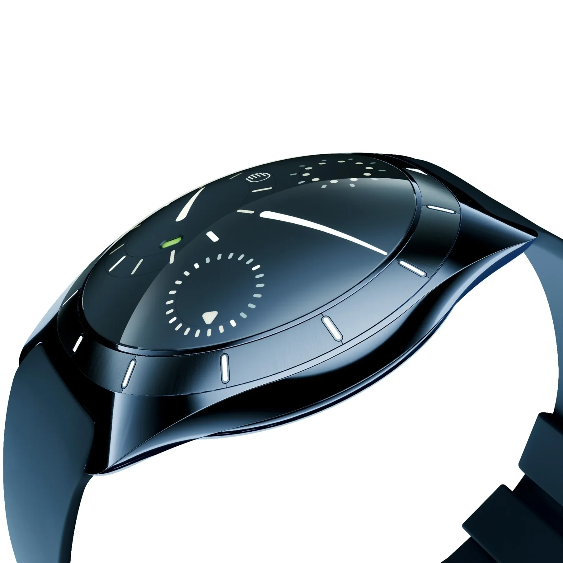 Close-up of a sleek, dark luxury watch with a domed crystal, intricate black dial, white markers, and a dark strap on white.