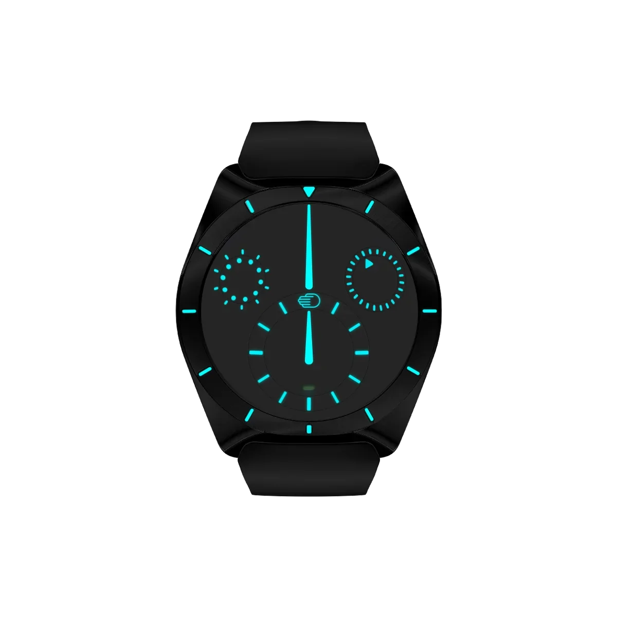 Black luxury watch with bright turquoise glowing hands, markers, logo, and sub-dials. White background, right side striped.