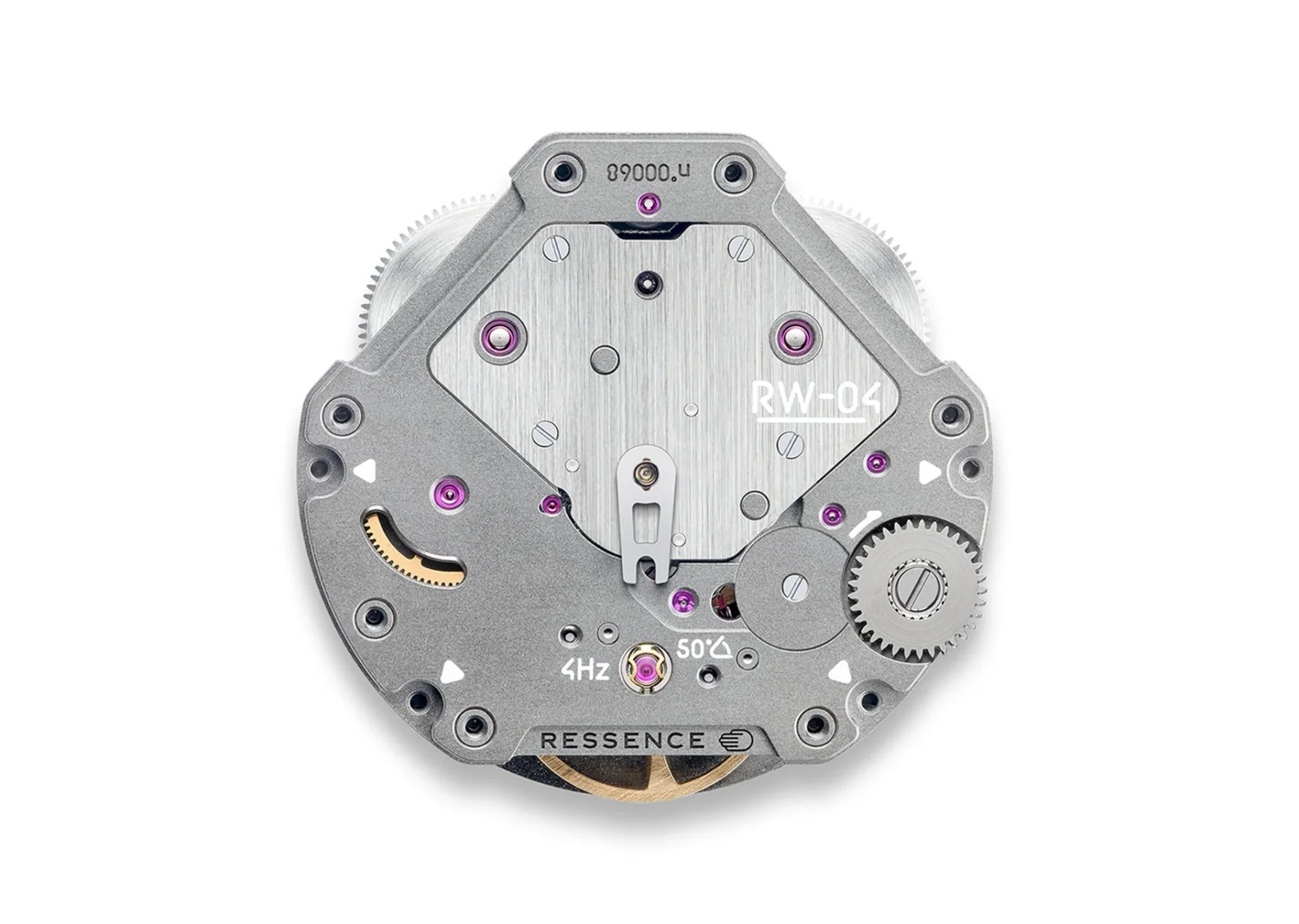 Ressence RW-04 automatic watch movement: brushed grey plates, visible gears, purple jewels, 4Hz, 50h.