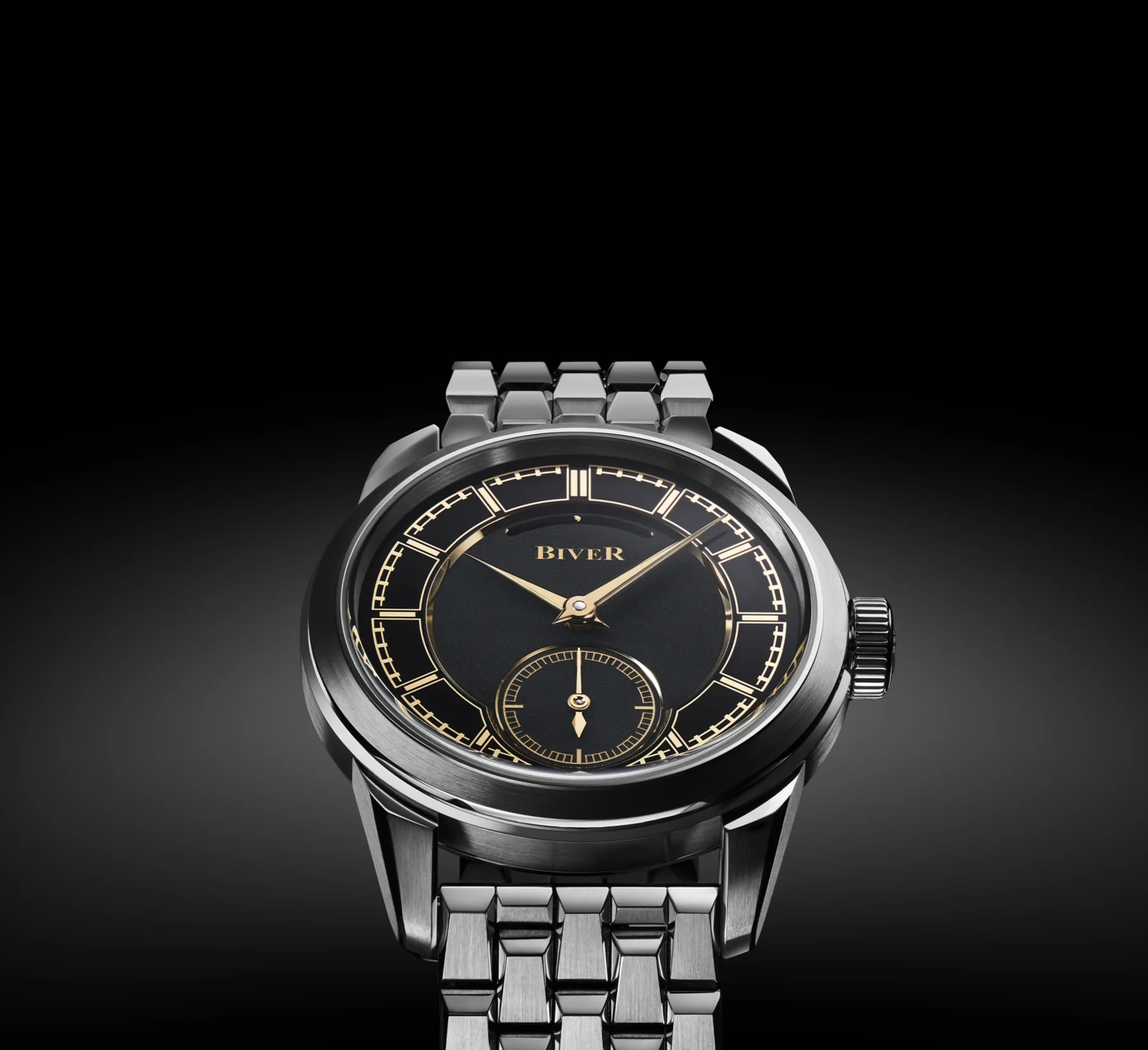 Biver watch: black dial, gold hour markers & hands, small seconds sub-dial, silver-toned case & metal bracelet.