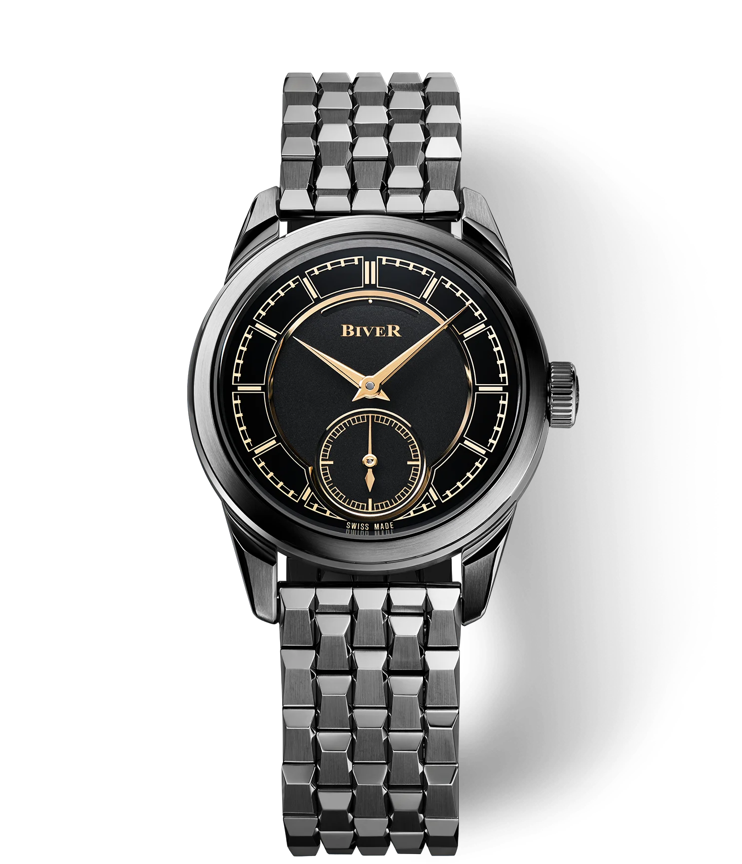 Biver Swiss Made watch: black dial, gold hands/markers, sub-dial, silver case, geometric metal bracelet. Split background.