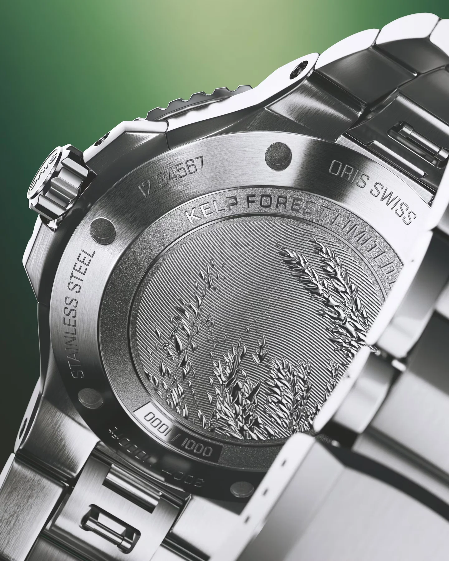 Close-up of Oris Kelp Forest Limited Edition watch. Stainless steel case back with kelp engraving & crown.