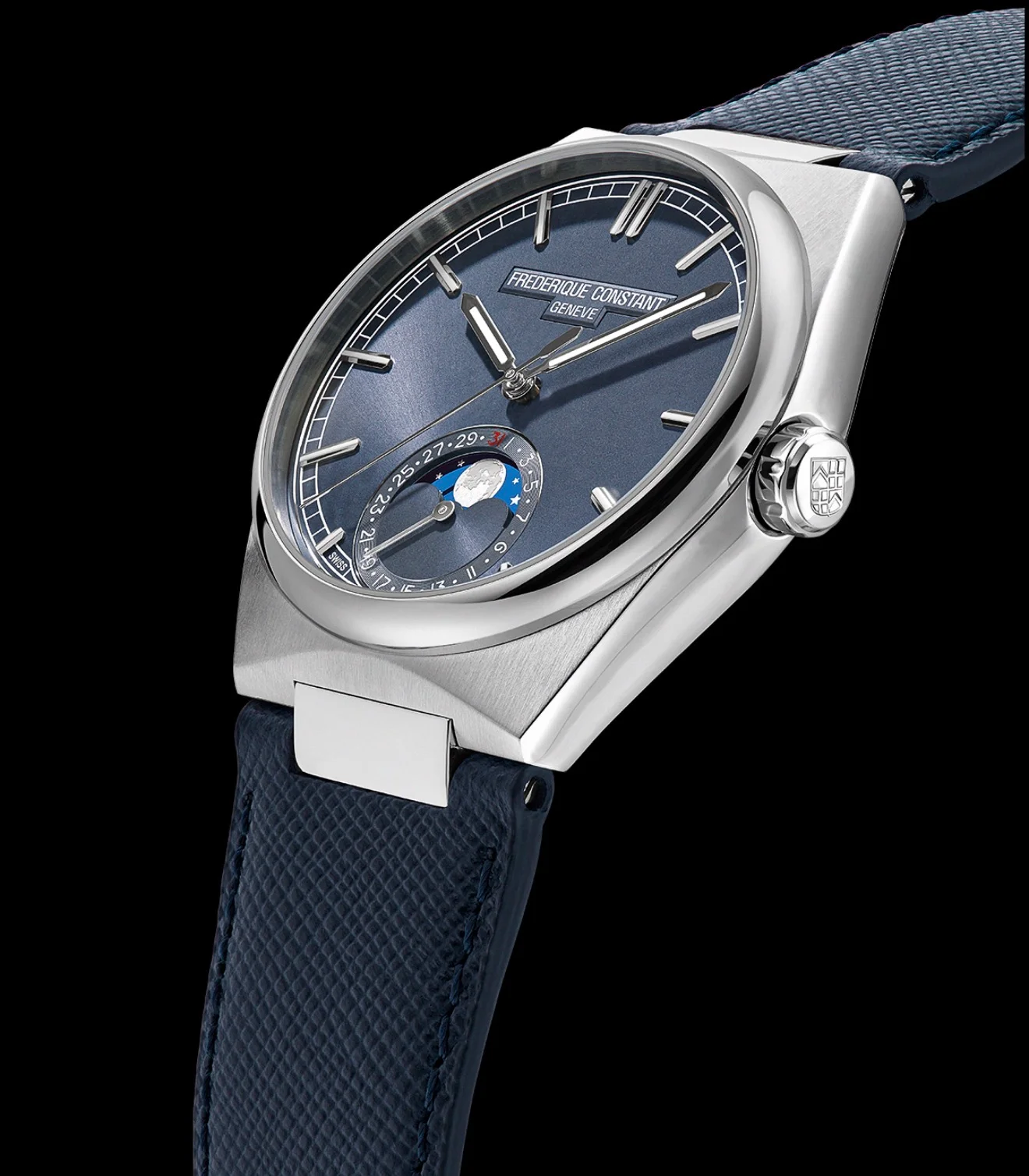Frederique Constant Highlife watch: blue dial, moon phase, date, steel case with logo crown, blue textured strap on black.