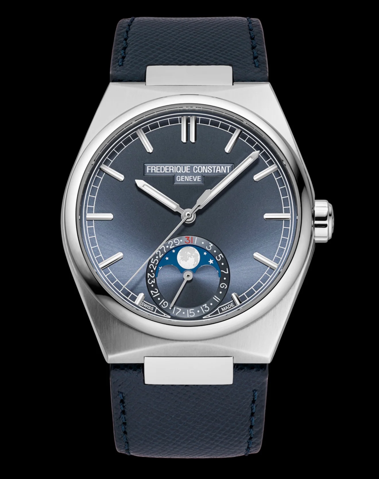 Frederique Constant Highlife Moonphase. Steel octagonal case, blue sunburst dial with moonphase, date pointer, blue leather strap.