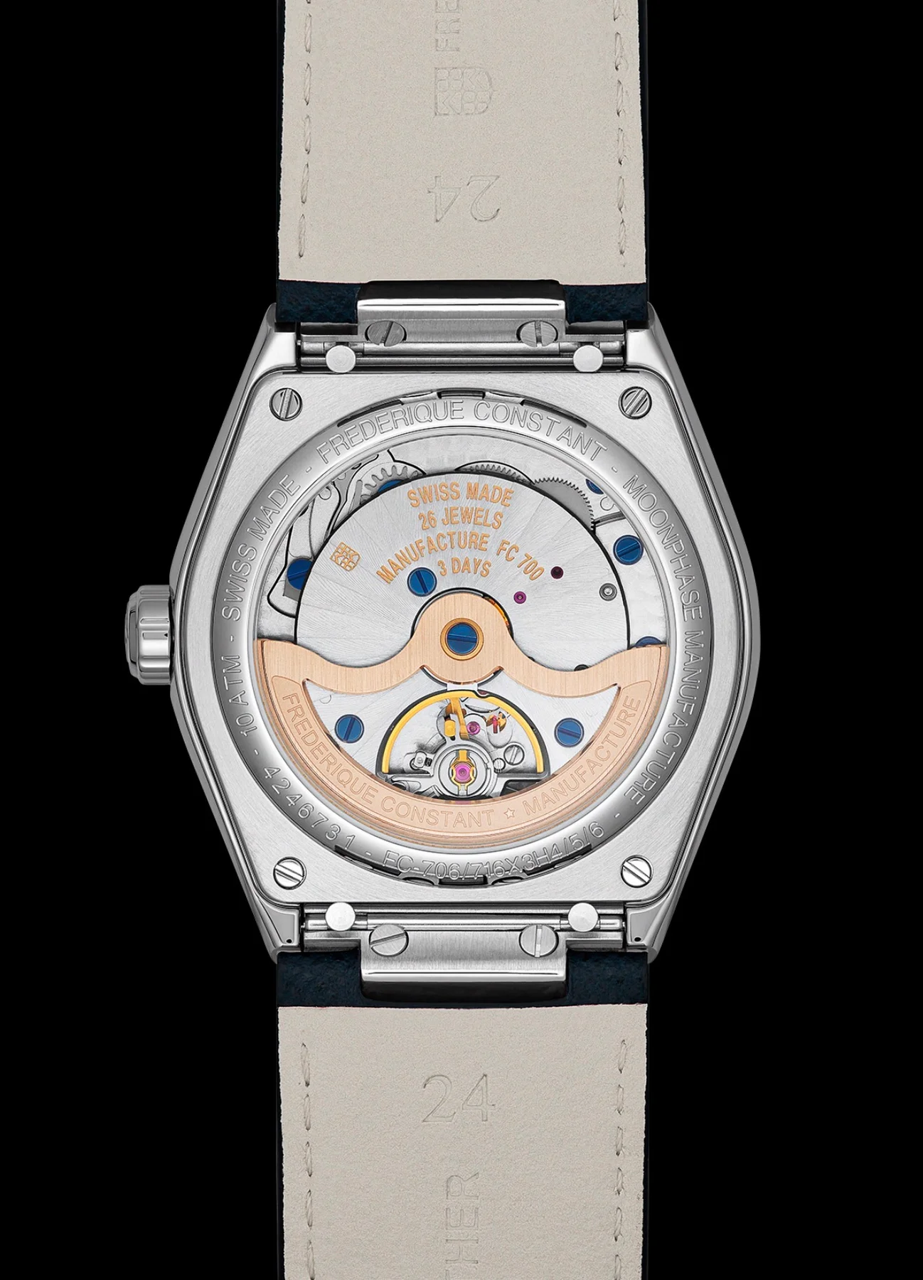 Frederique Constant luxury watch back, revealing its Swiss mechanical movement with gold rotor, blue screws, on a dark blue leather strap.