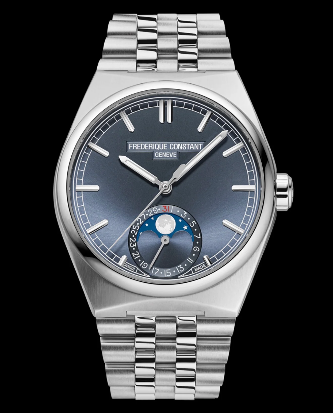 Frederique Constant steel watch with blue dial, moon phase, and date display, on a metal bracelet, against black.