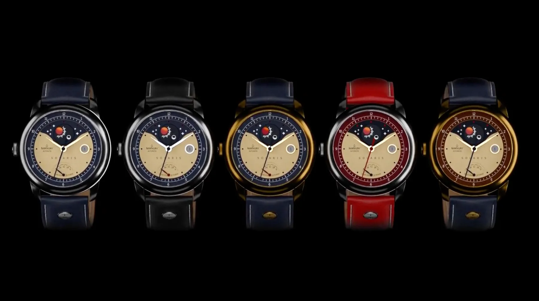 Row of 5 Konneyer Solaris luxury watches: dark & gold cases, blue/black/red straps, celestial dials on black.