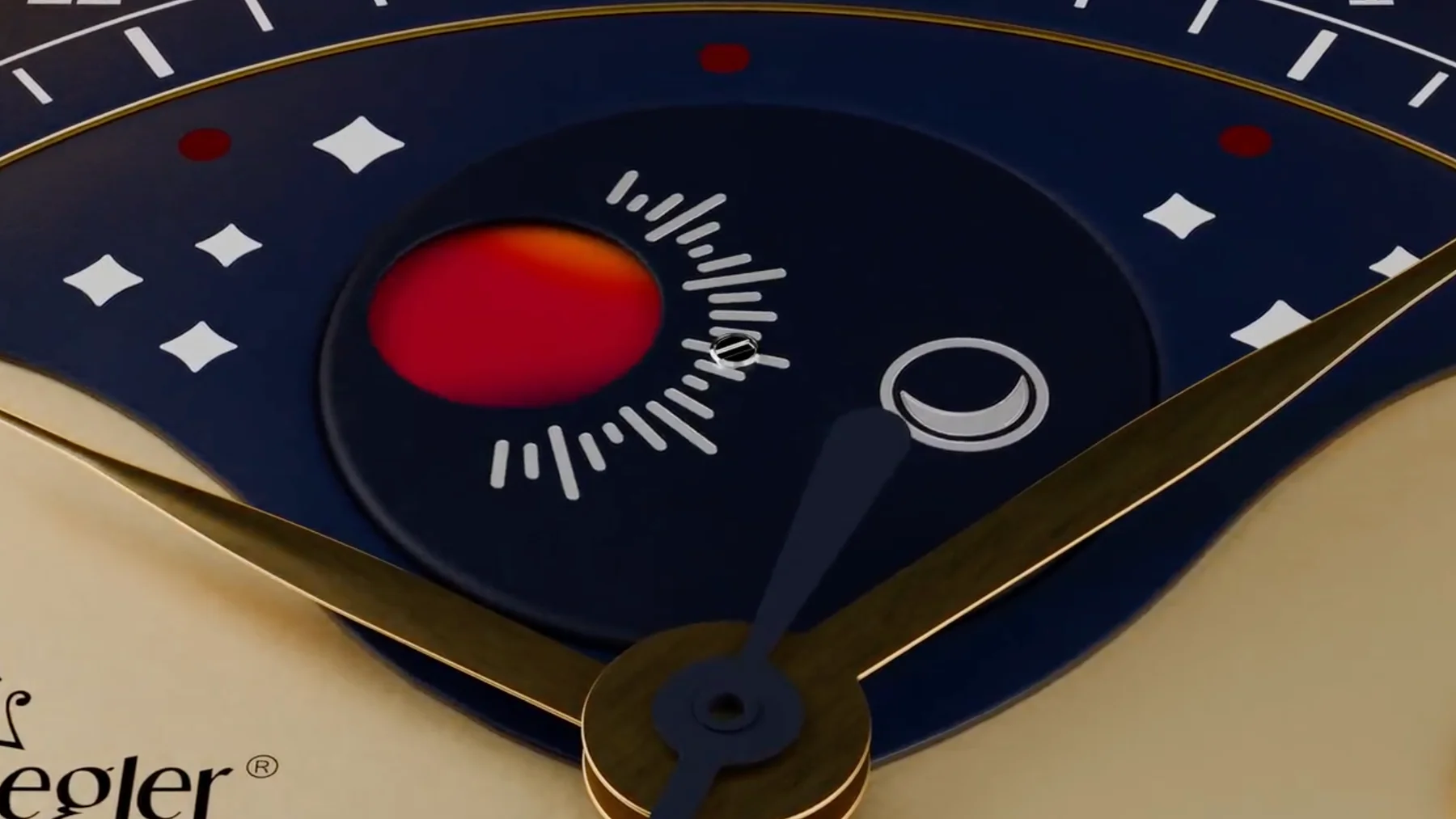 Partial view of Gegler luxury watch dial: gold hands, dark blue face with red sun, white diamond markers, and crescent moon.