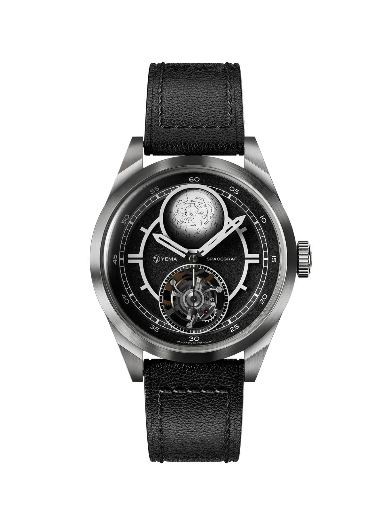 High-end YEMA Spacegraf watch: black dial, constellation subdial, visible movement, steel case, black leather strap.