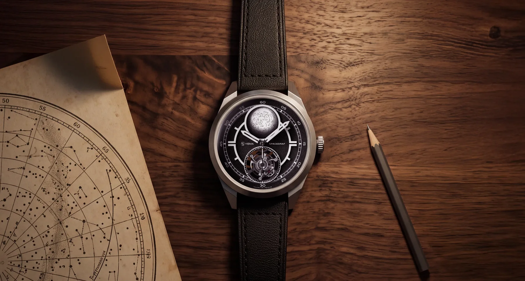 Yema Spacegraf watch on wood table with star map dial, visible mechanism, black leather strap, old star chart, and pencil.