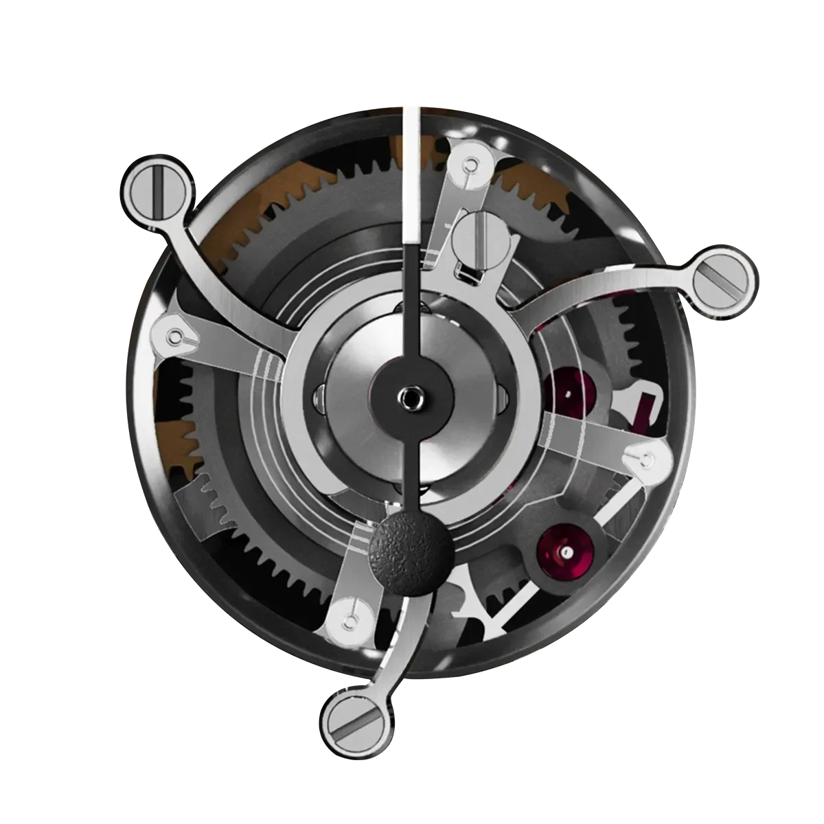Split view of a precision watch movement revealing intricate gears, metallic bridges, and ruby jewels.