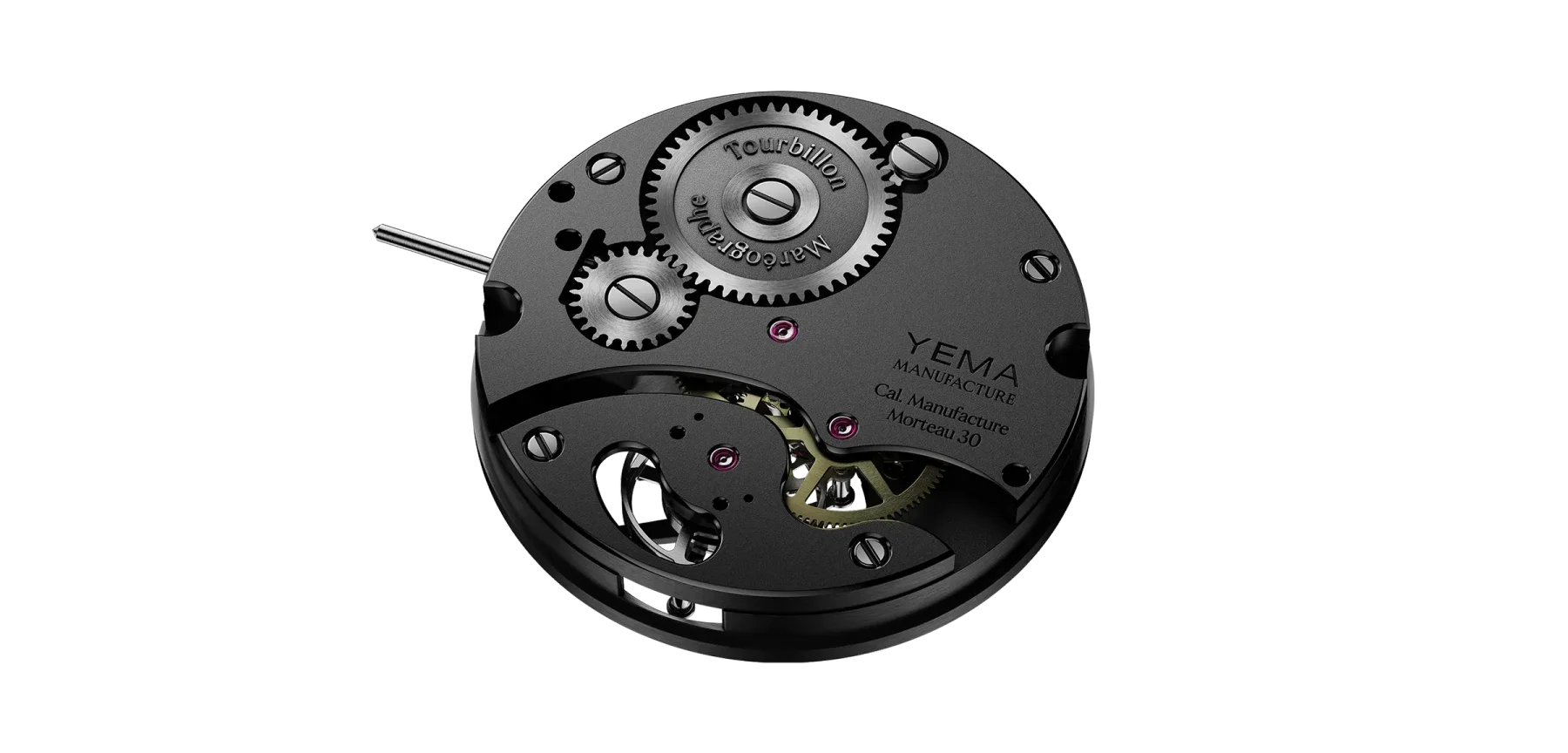Yema Manufacture Cal. Morteau 30 Tourbillon Maréographe watch movement. Dark plates, gears, ruby jewels on black.