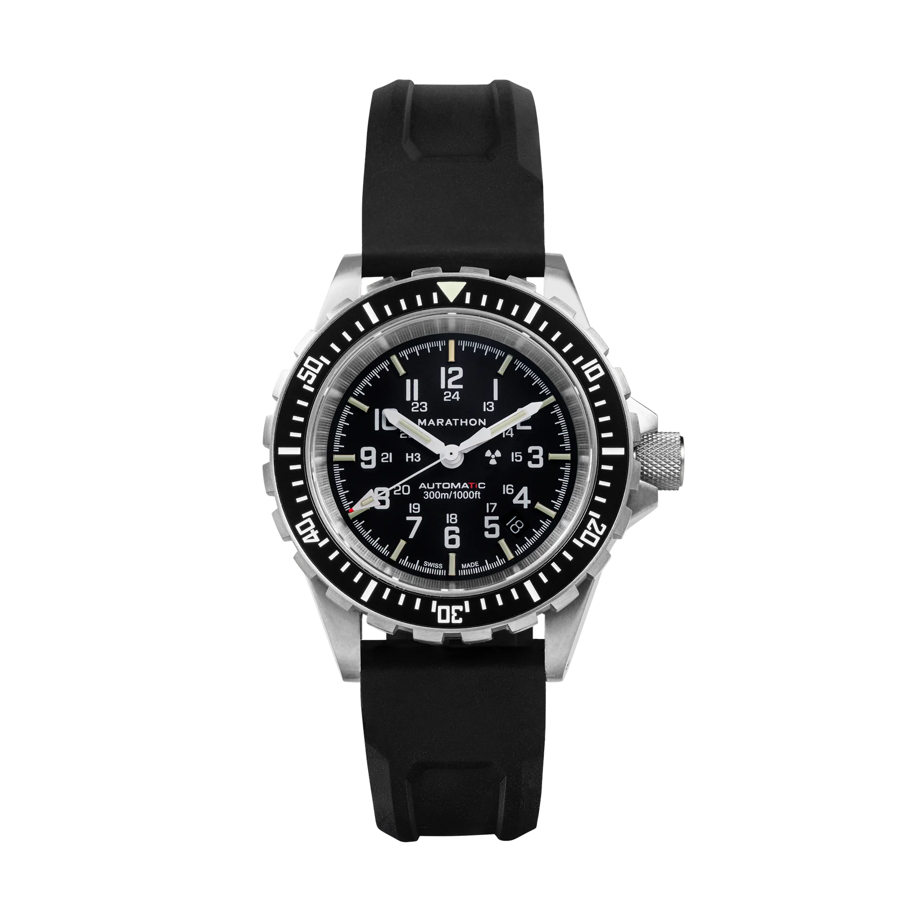 Marathon Automatic dive watch with black dial, 12/24hr markers, steel case, black rubber strap, and rotating black bezel.