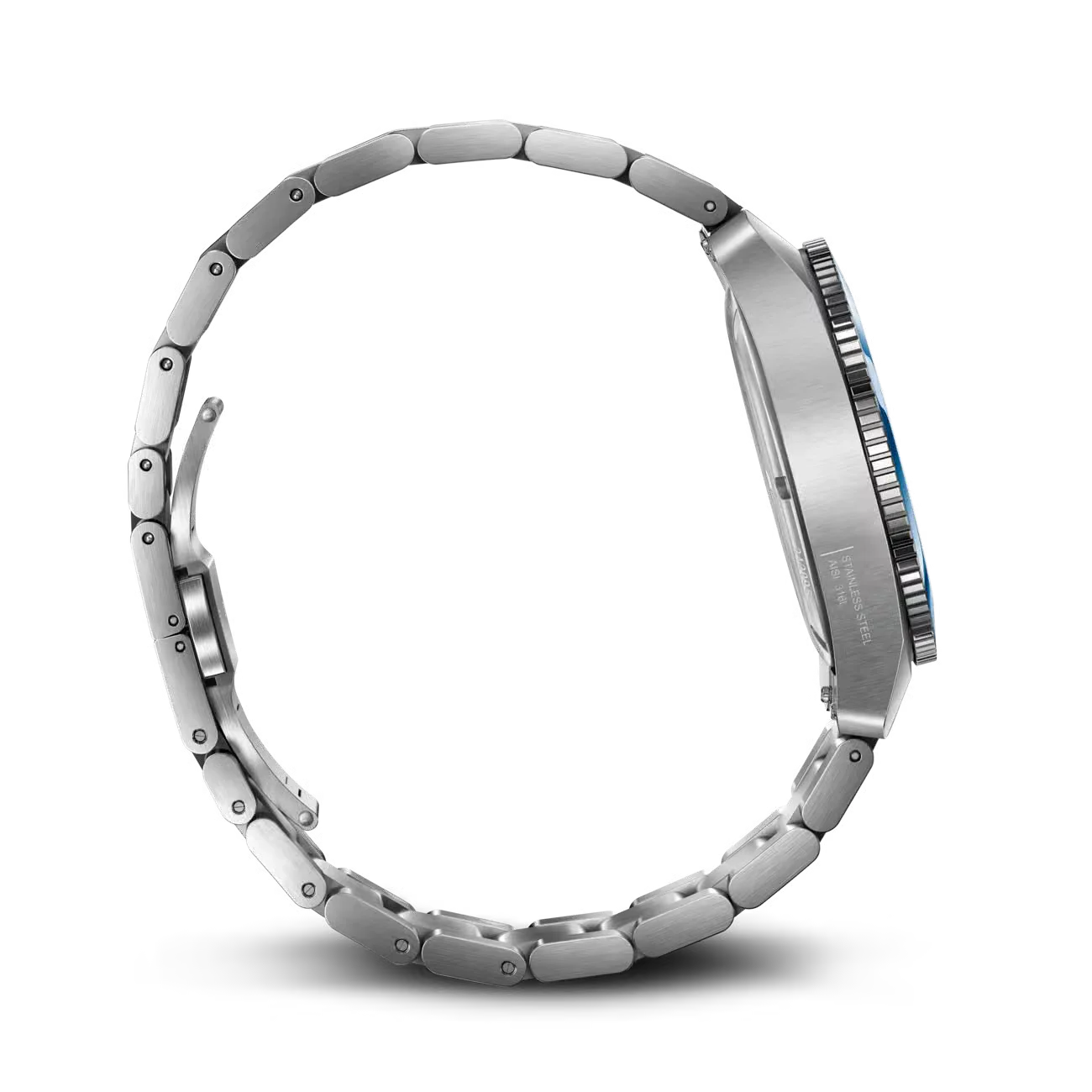 Side view of a brushed stainless steel watch, blue rotating bezel, open bracelet, with "STAINLESS STEEL" engraved.