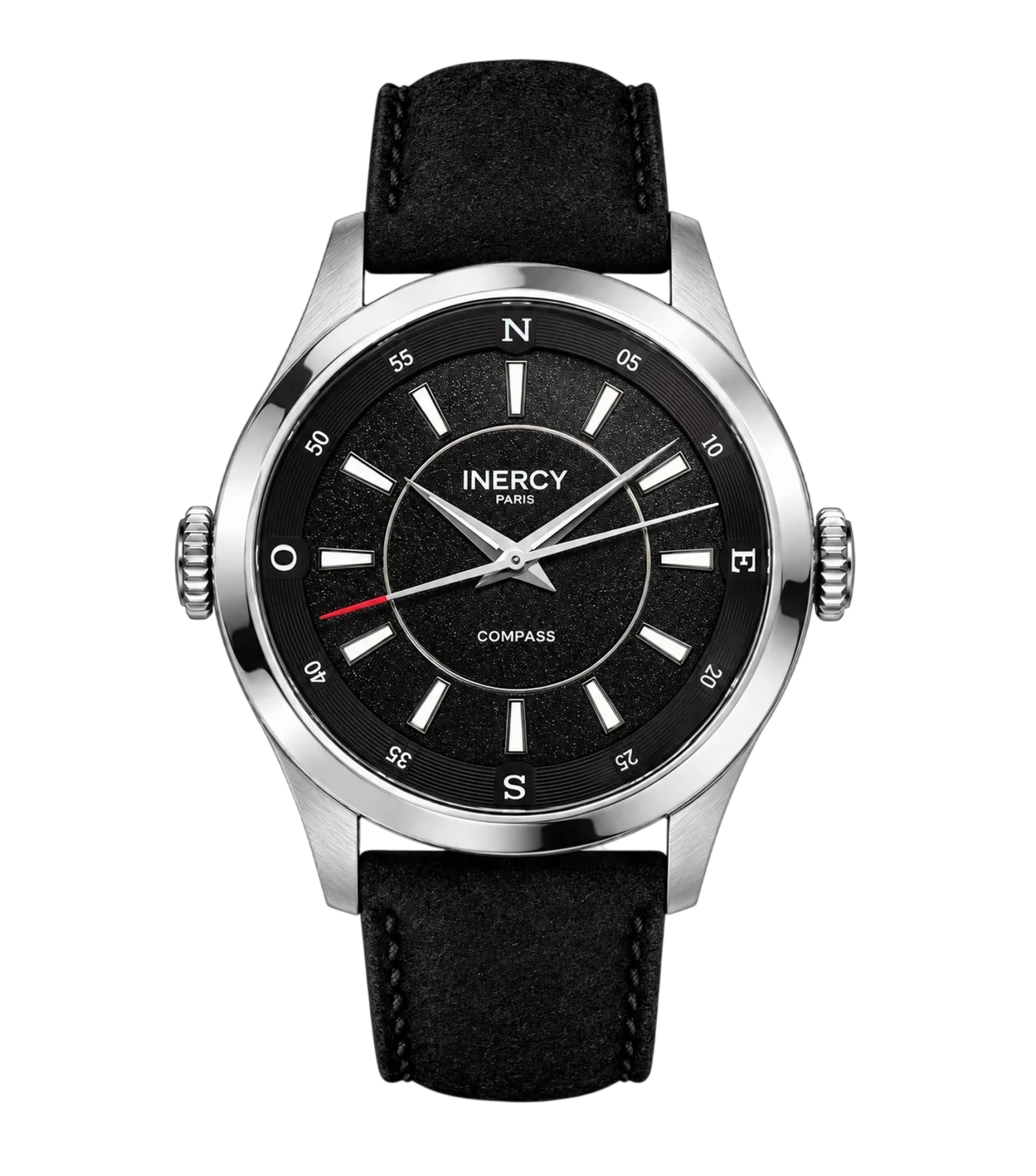 INERCY Paris Compass watch: silver case, granular black dial, white markers, red-tipped second hand, black strap.