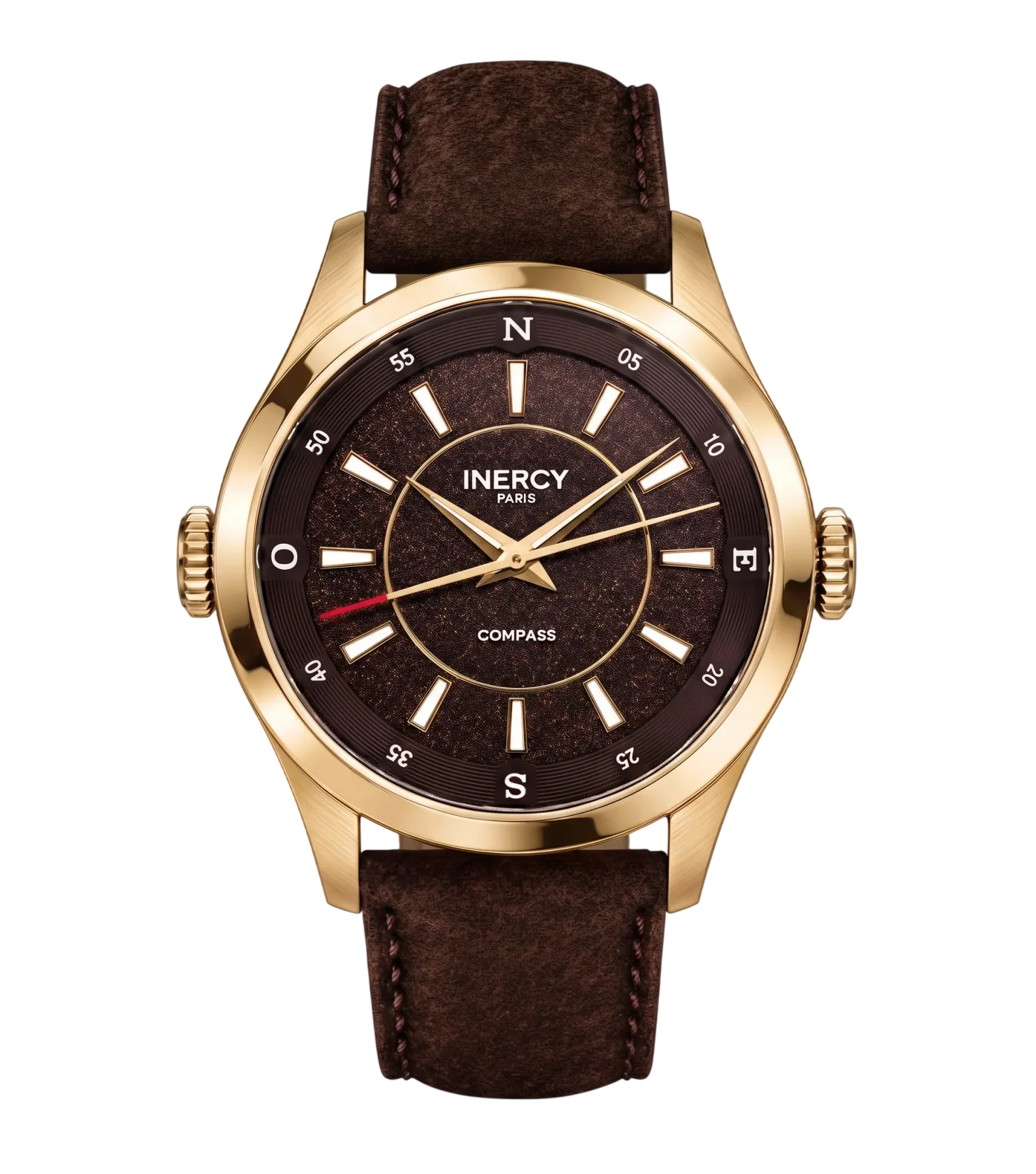 Gold-tone Inercy Paris Compass watch: textured brown dial, white markers, cardinal points, brown leather strap.