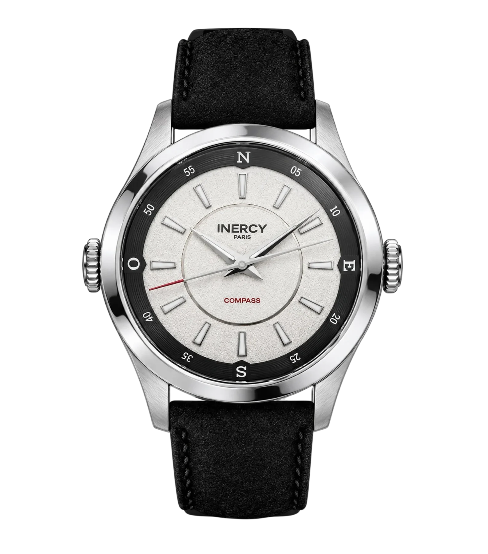 INERCY PARIS watch: Textured light gray dial, silver case, black outer ring with cardinal points, red-tipped second hand, black strap.