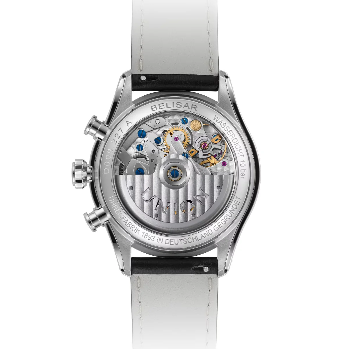 Belisar watch reverse, showing the automatic movement's gears, jewels, and rotor through an exhibition case back. White strap.