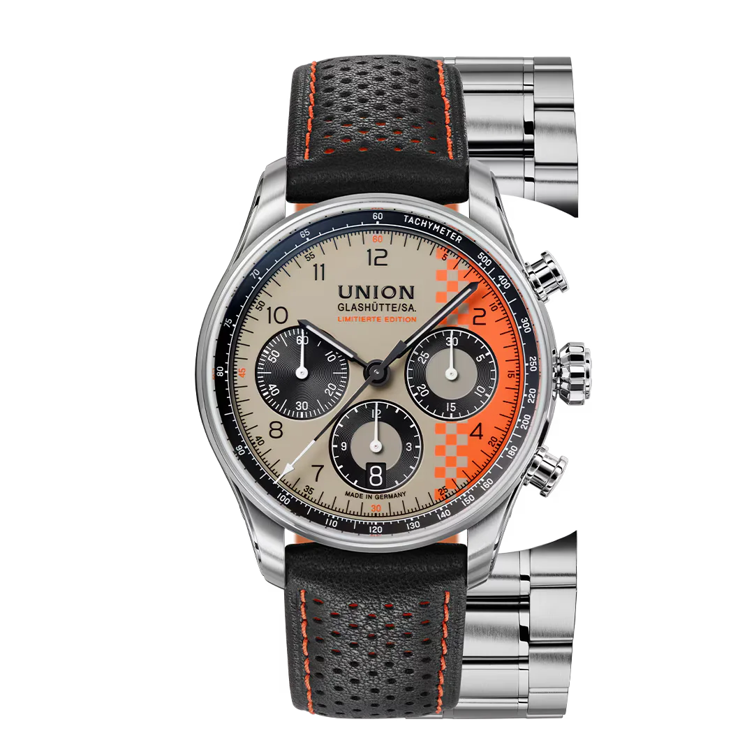 Union Glashütte chronograph with beige dial, orange checkerboard, black subdials, perforated leather & steel bracelet.