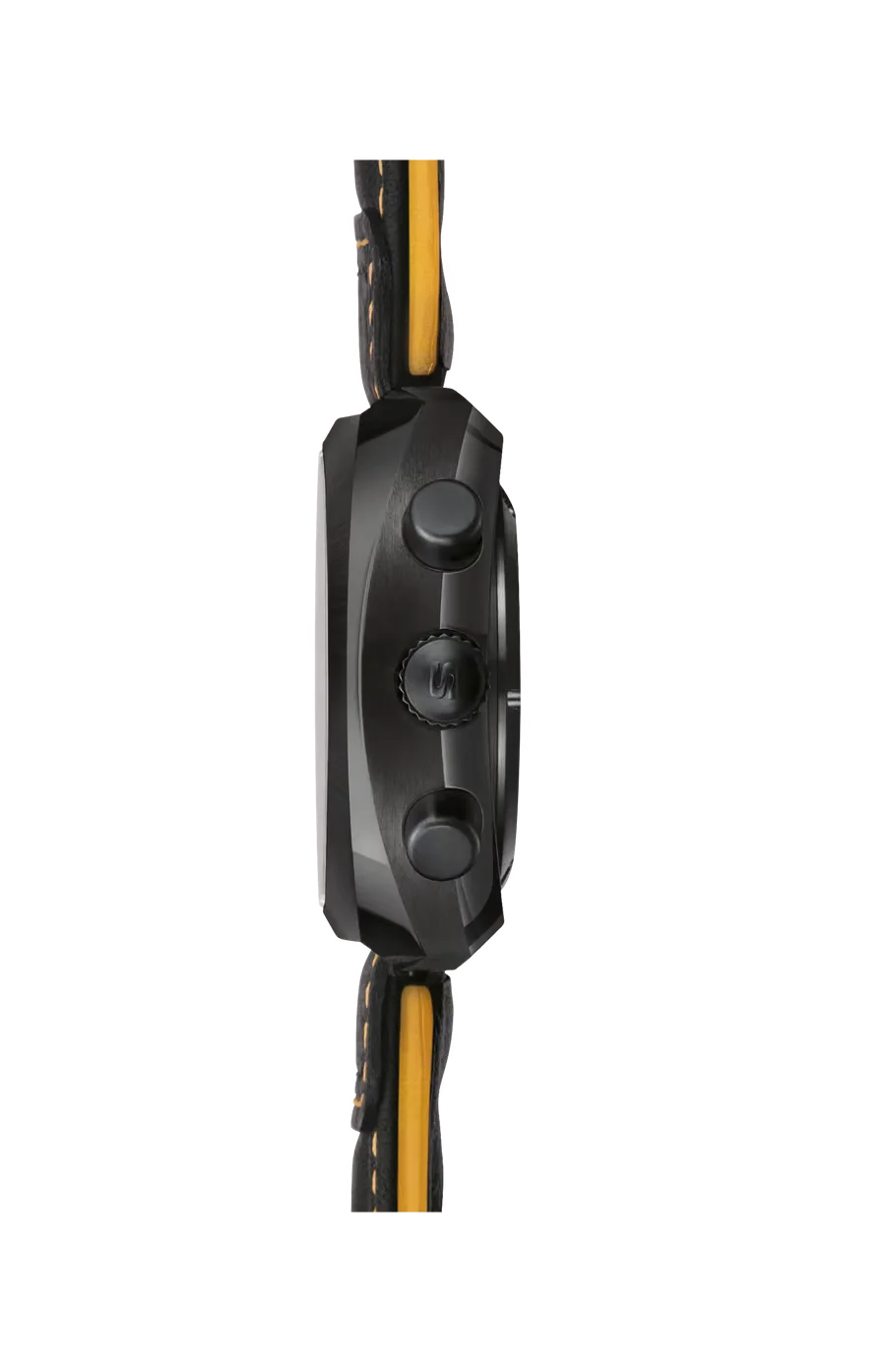 Side profile of a dark watch with three pushers (one 'S' logo), and a black leather strap with yellow lining.
