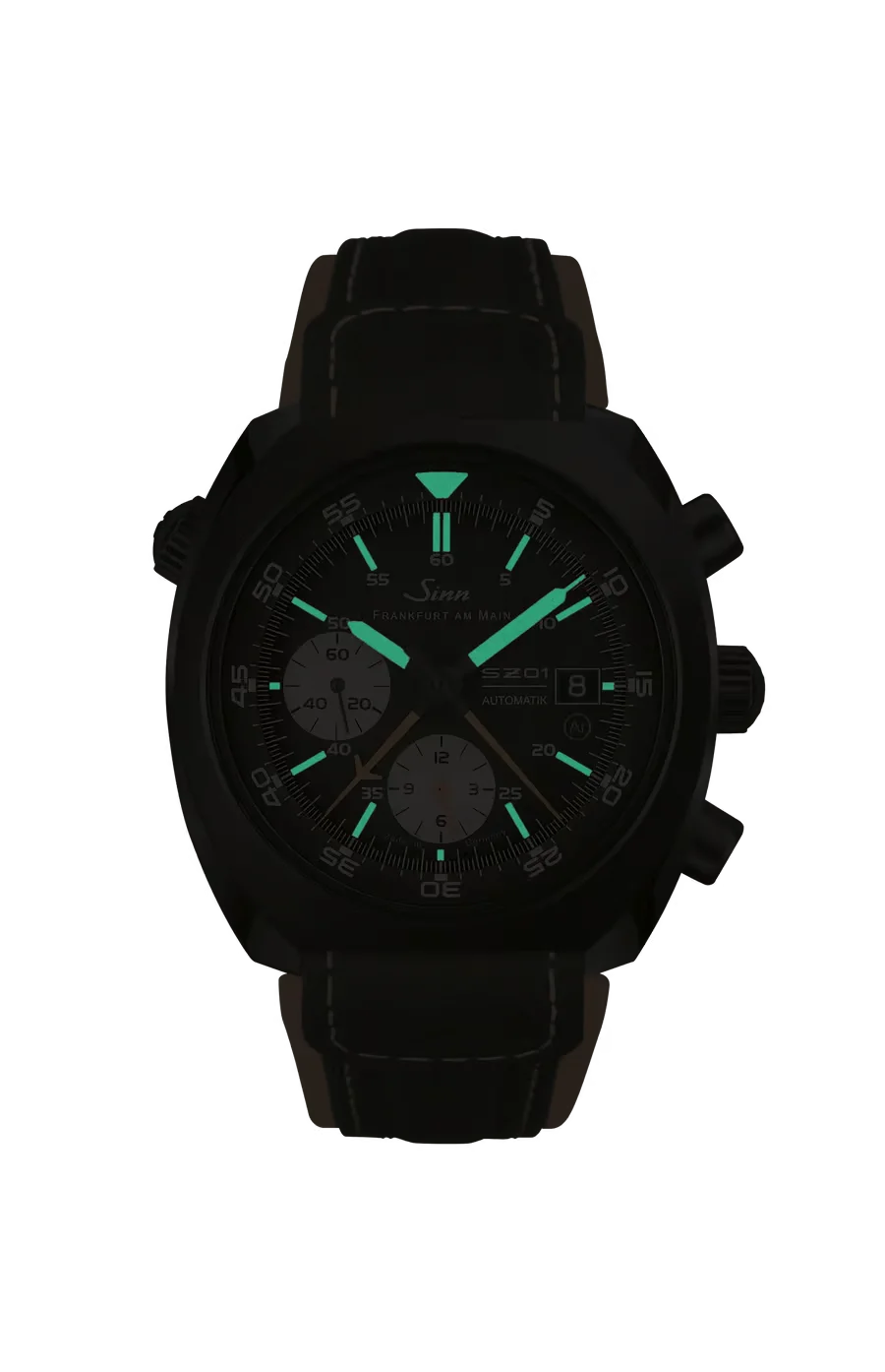 Sinn SZ01 luxury chronograph watch, glowing green hands/markers, black dial, date '8', brown leather strap.