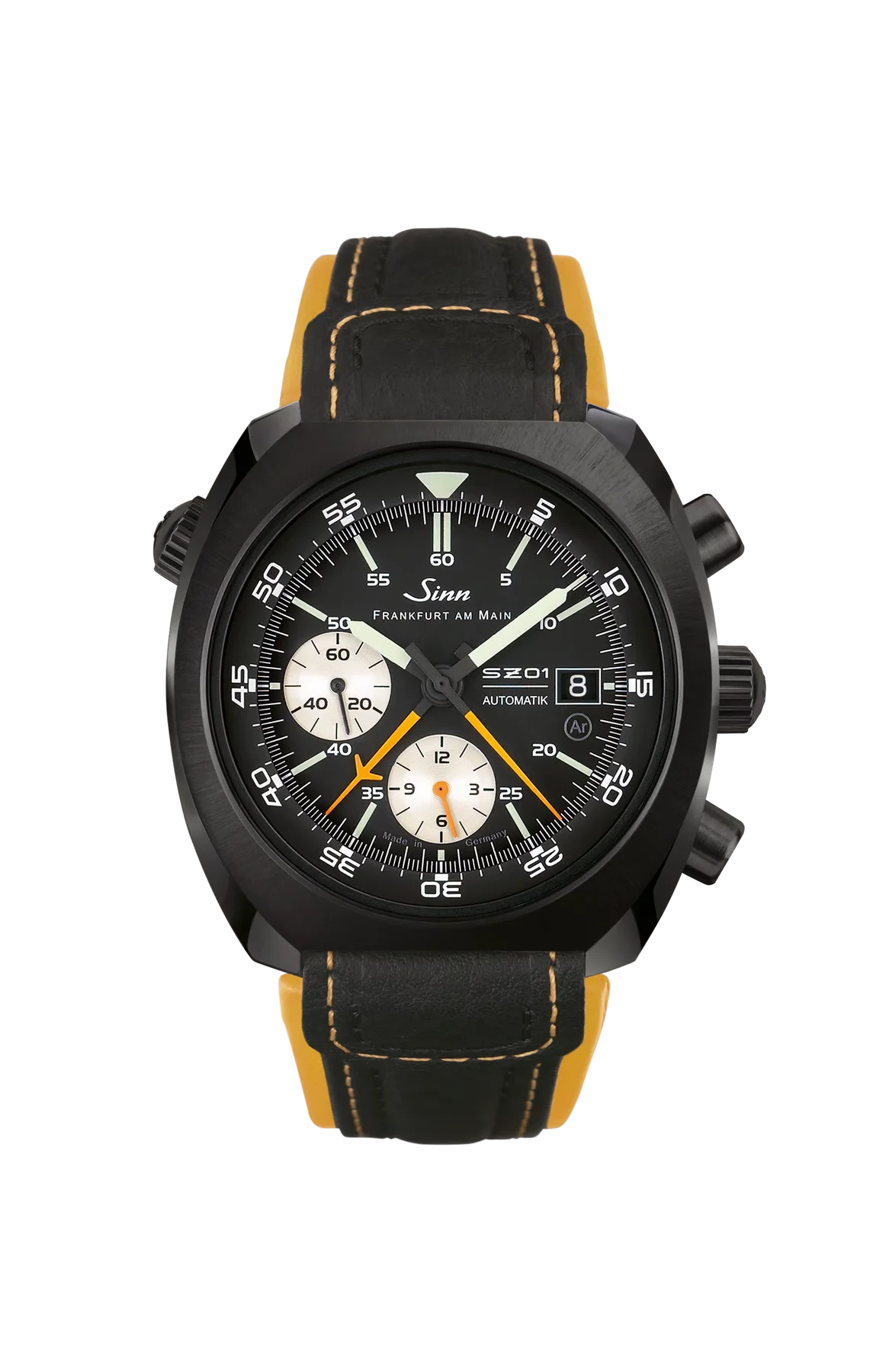 Sinn SZ01 black chronograph with white sub-dials, orange hands, date, and black/yellow leather strap.