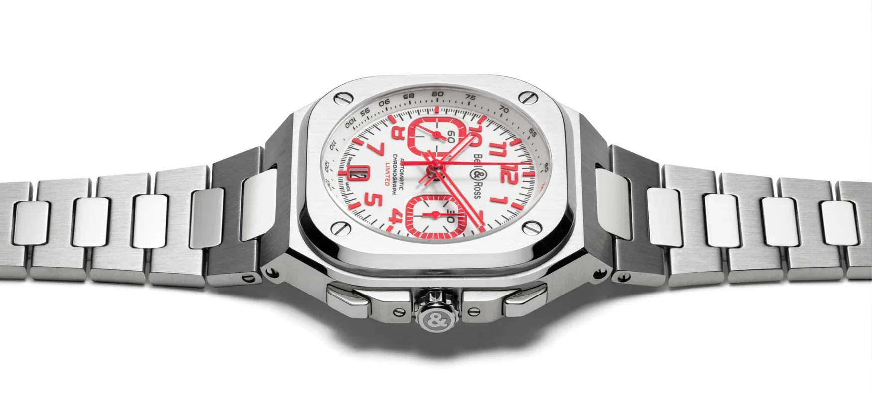 Bell & Ross automatic chronograph watch with square steel case, white dial, red accents, and steel bracelet.