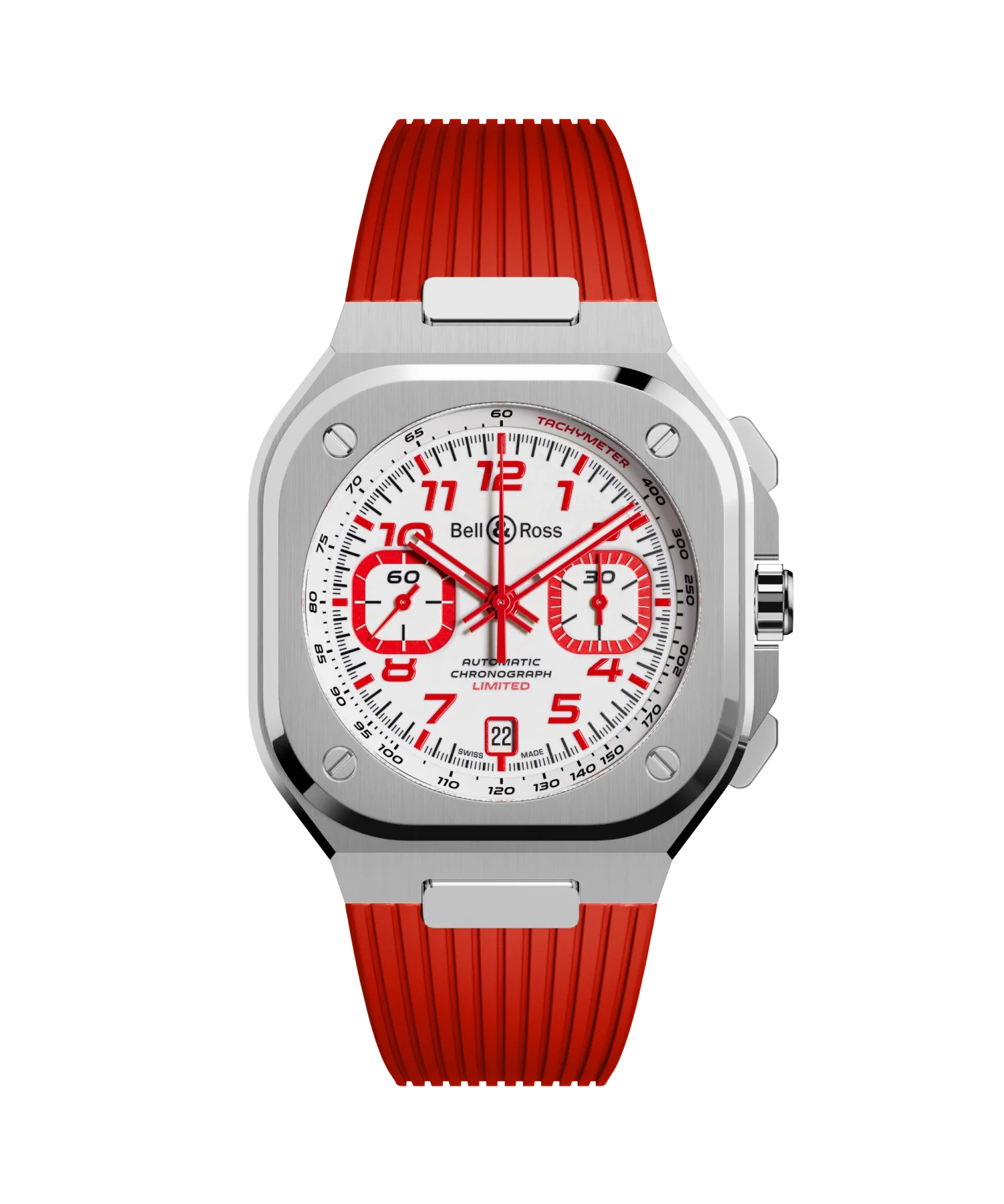 Bell & Ross BR 05 Chrono. Square brushed steel case, white dial with bold red numerals, sub-dials, and red rubber strap.