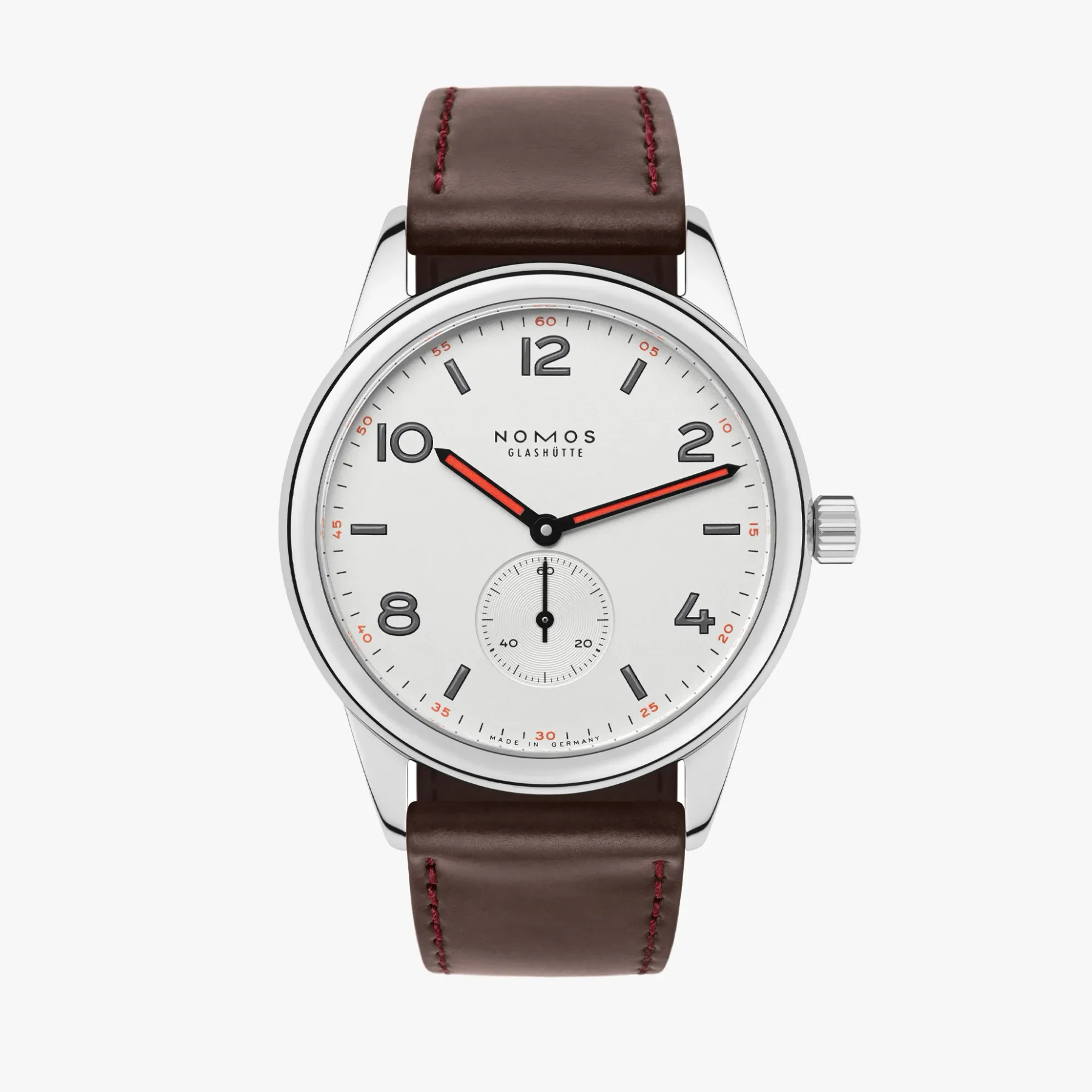 Nomos Glashütte watch: white dial, black numerals, red hands, small seconds, silver case, brown leather strap, red stitching.