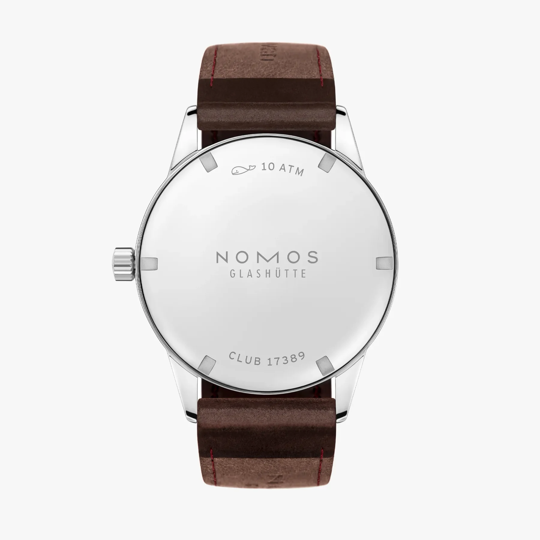 Nomos Glashütte Club watch back: polished steel, brown leather strap with red stitching. Whale icon, 10 ATM, CLUB 17389.