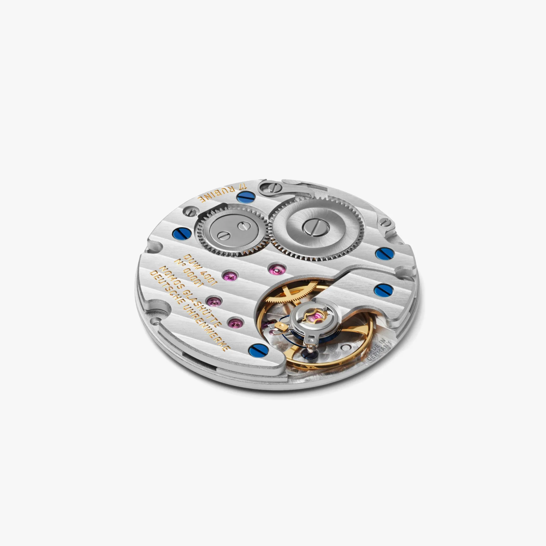 NOMOS Glashütte DUW 4001 watch movement. Silver plates, intricate gears, blued screws, ruby jewels, Glashütte stripes.