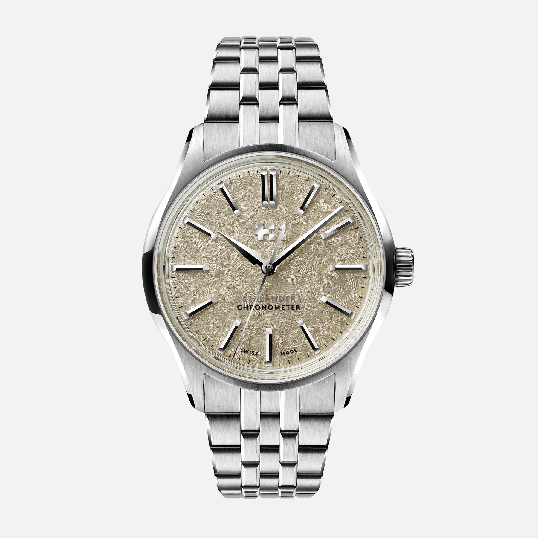 Stainless steel luxury watch with a gold meteorite-pattern dial, steel bracelet, applied markers, and fluted crown.