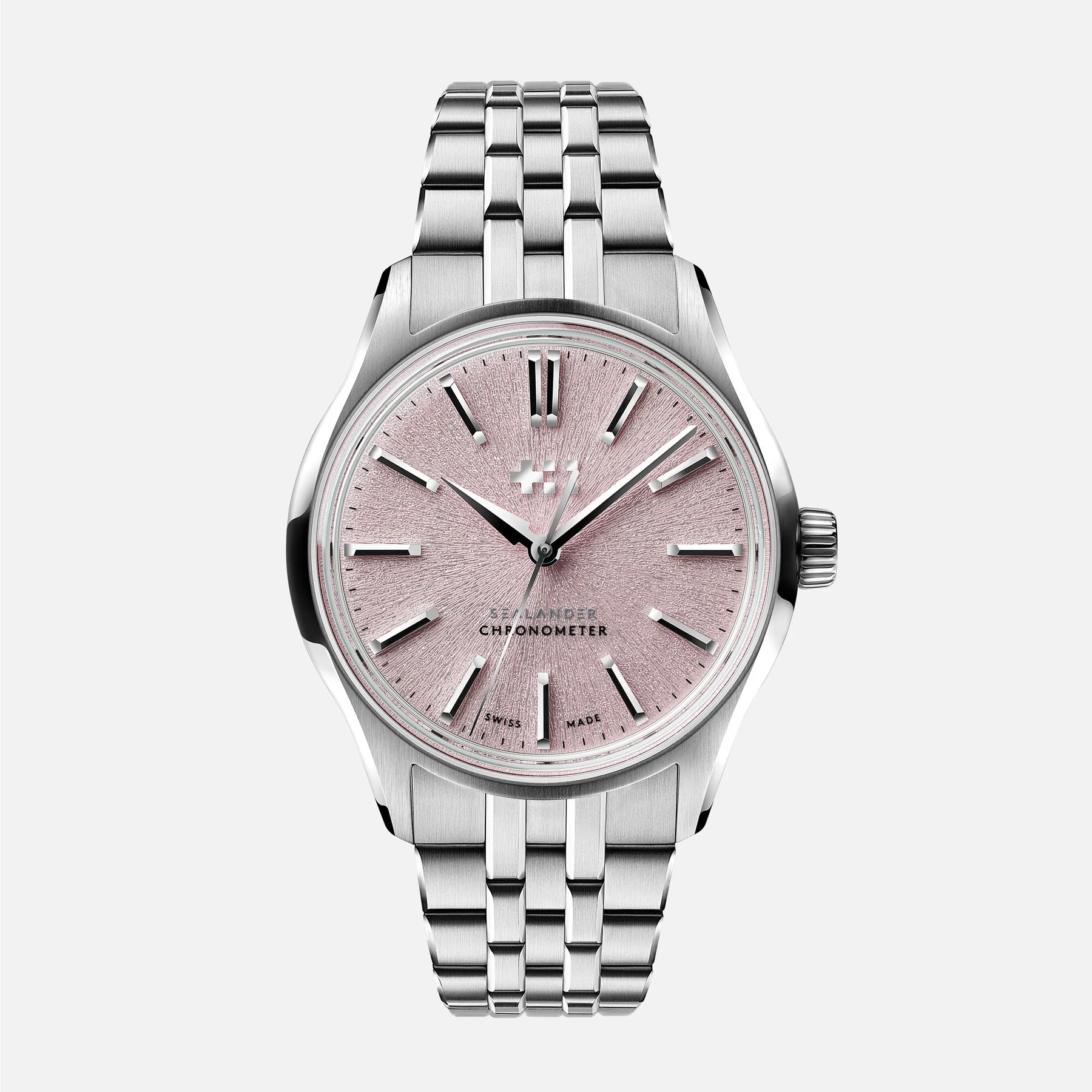 Stainless steel chronometer watch with a textured pink dial, applied markers, multi-link bracelet, white background.