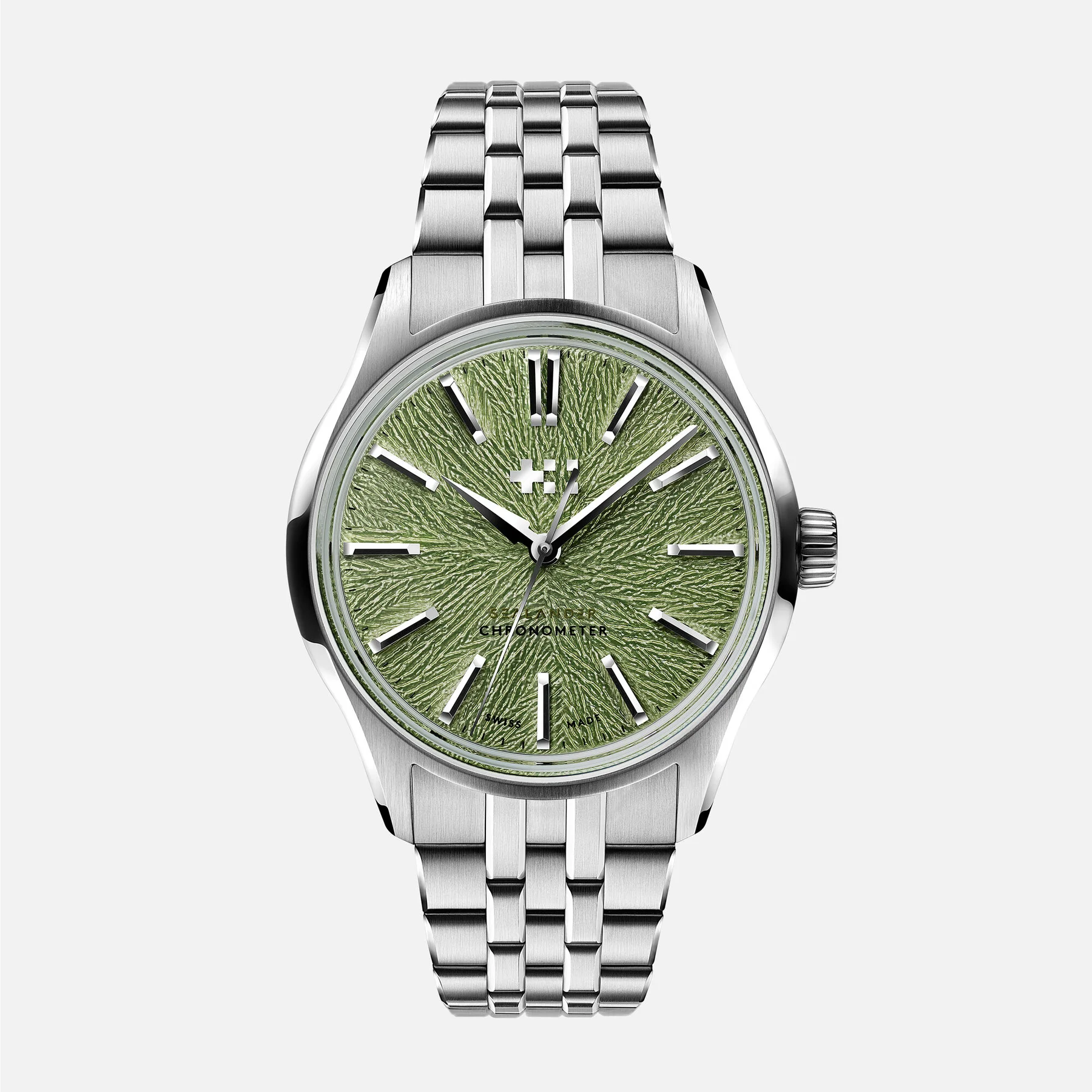 Stainless steel watch with a unique, textured green dial, applied indices, sword hands, and an integrated steel bracelet.