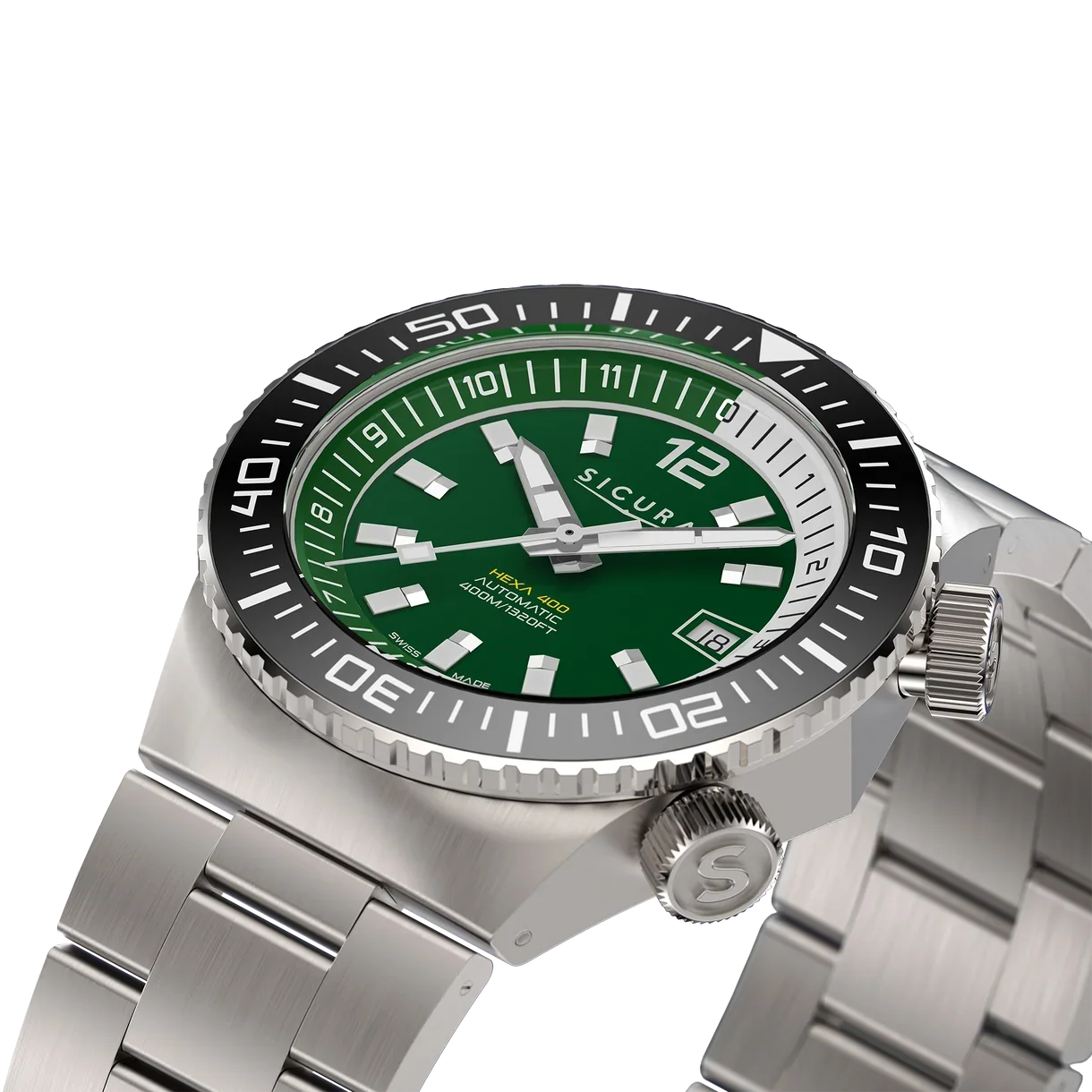 Close-up of a Sicura Hexa 400 diver watch with a green dial, steel case, and bracelet on a black background.