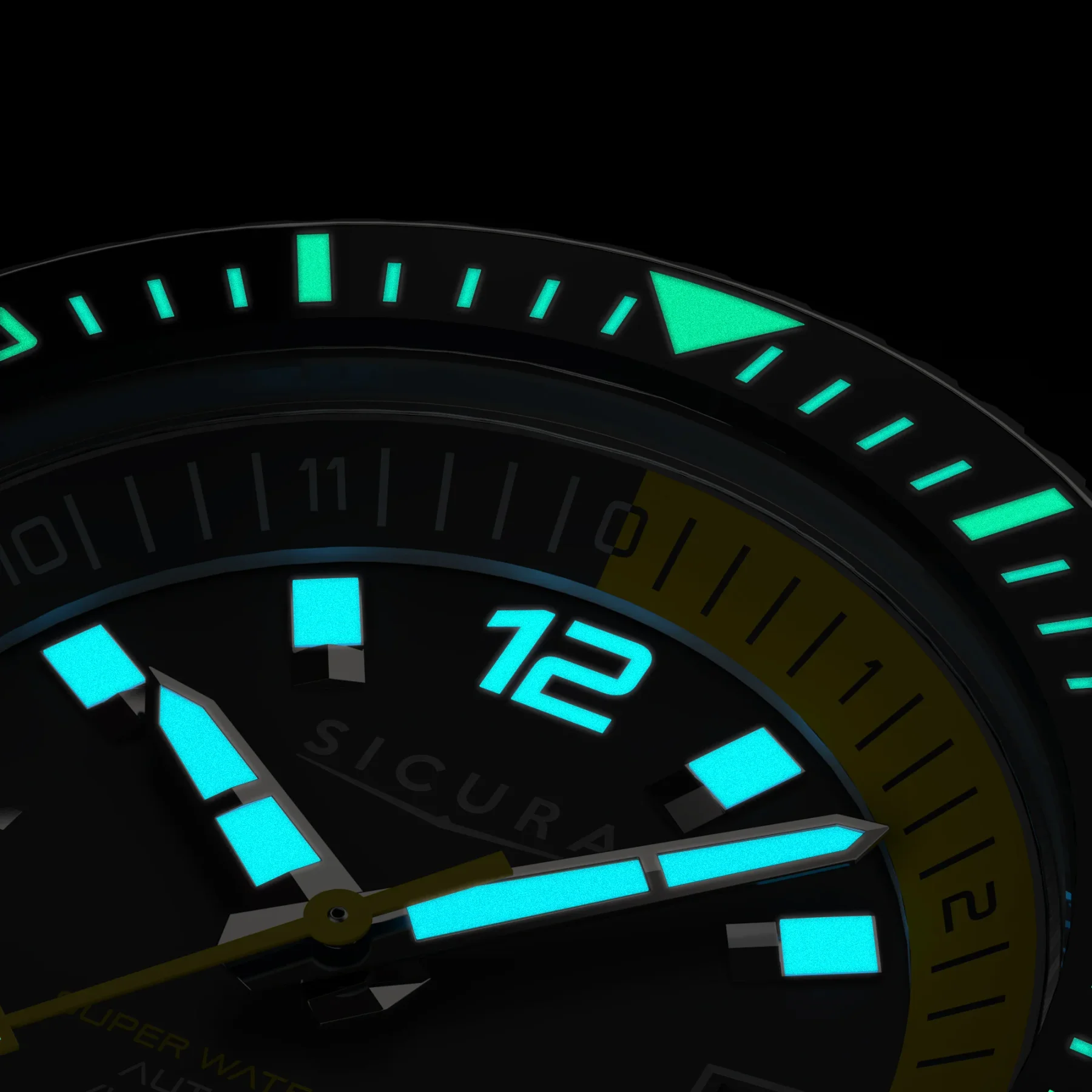 Close-up of a Sicura watch dial with luminous aqua hour markers, hands, '12', and glowing green bezel markers.