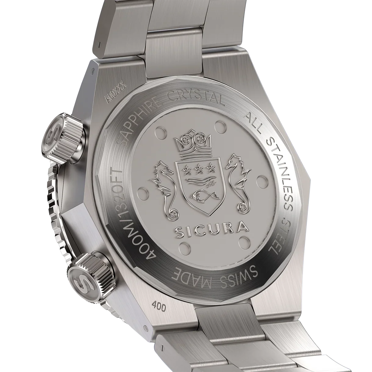 Sicura luxury watch back: engraved stainless steel caseback with seahorse emblem and two prominent side crowns.