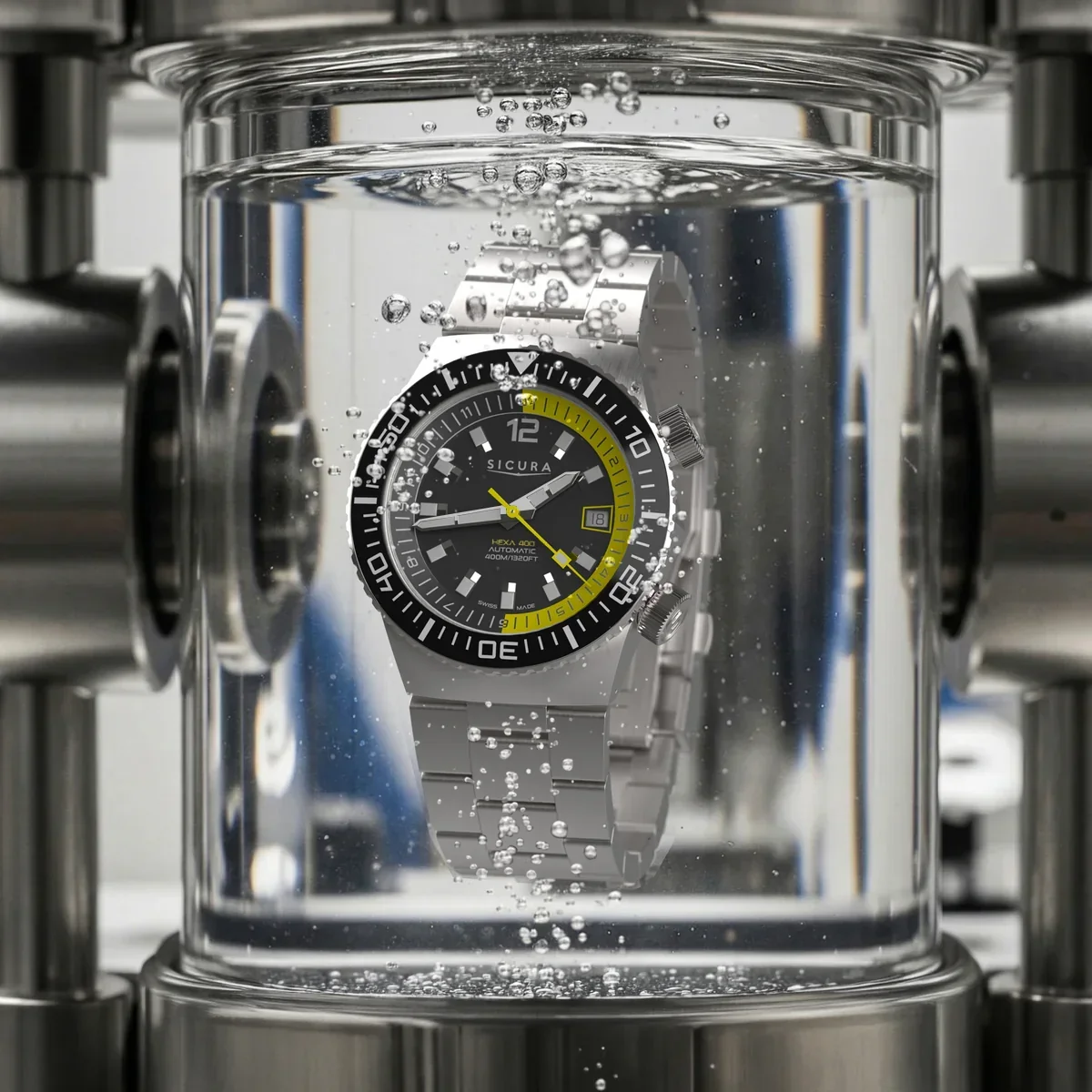 Sicura silver dive watch, black dial with yellow highlights, submerged in a glass chamber full of bubbling water.