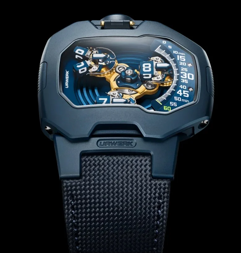 Angular URWERK UR-120 watch: blue case, open dial with gold gears & satellite display, dark strap, black background.