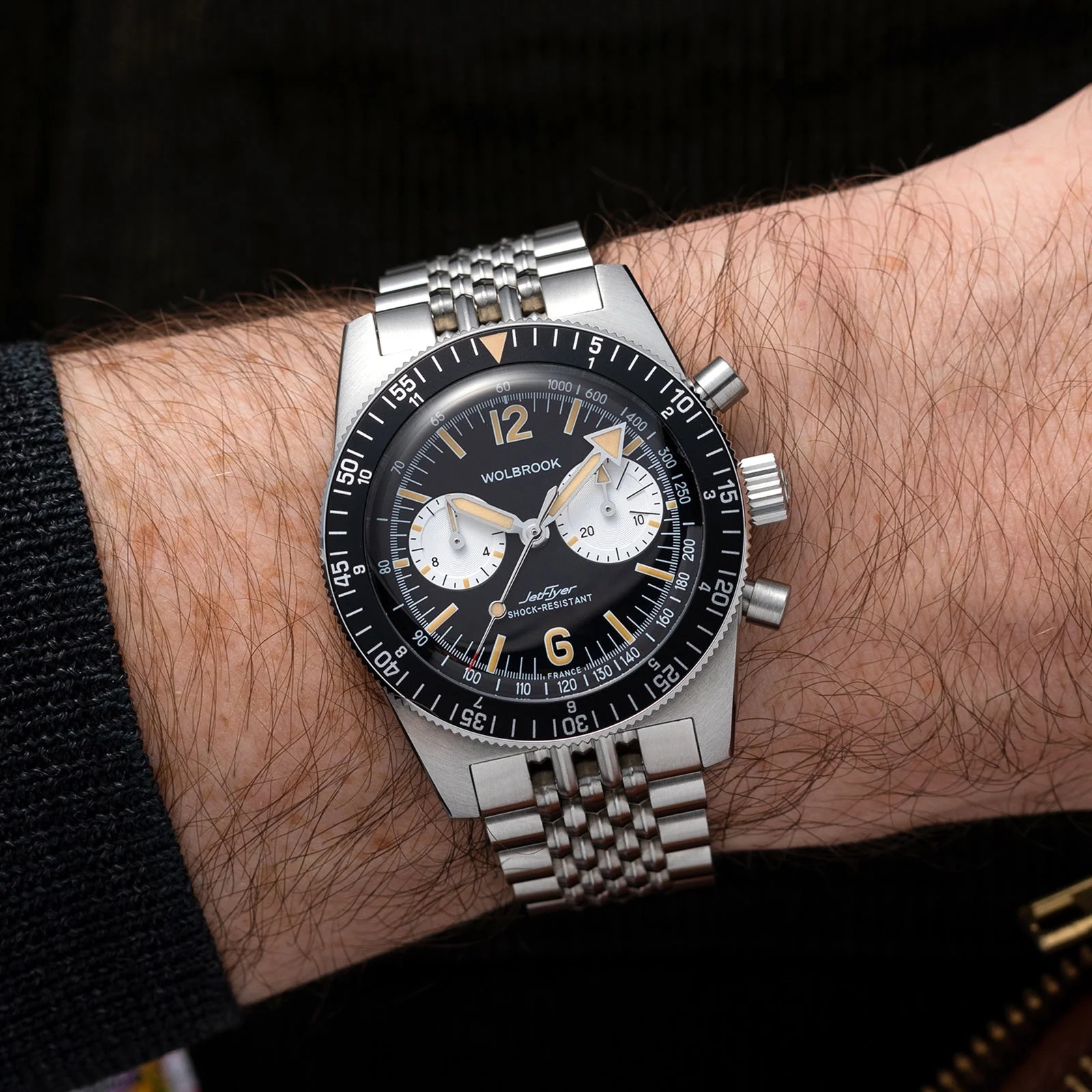 Vintage panda dial Wolbrook JetFlyer close up