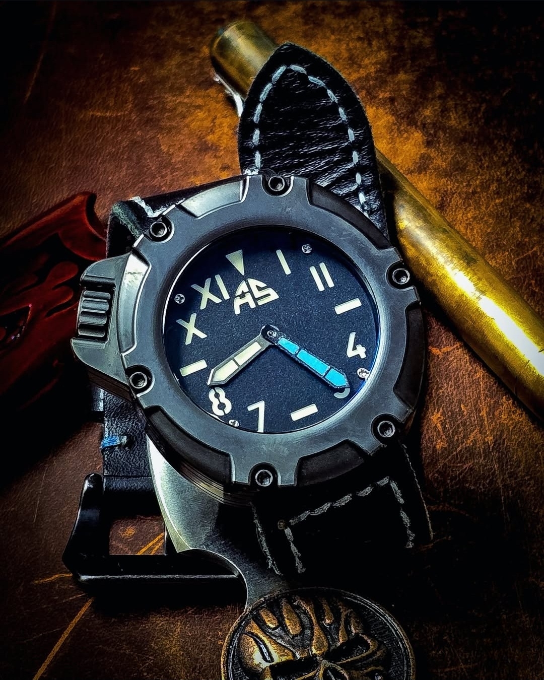 AS-Watches B1S

This is one that I truly regret letting go of.  Custom sandwich dial & hand set, hand crafted in Italy. The titanium case & 10 o'clock crown made it sit perfectly on the wrist. The leather strap was a custom build of my own. 