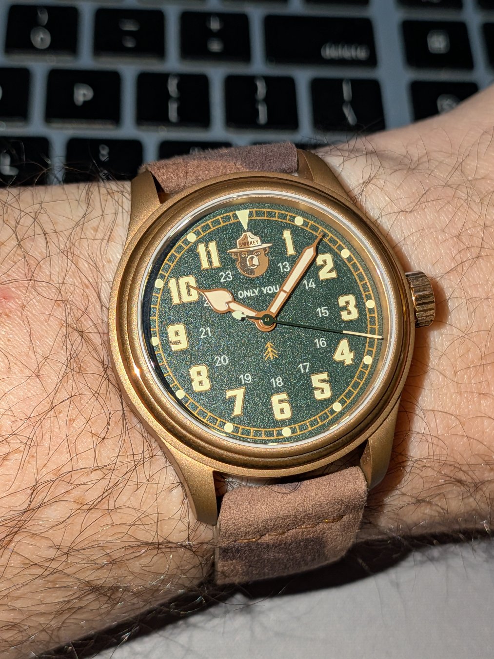 Vero Smokey Bear 80th anniversary on a suede camo strap by Strapestry.
