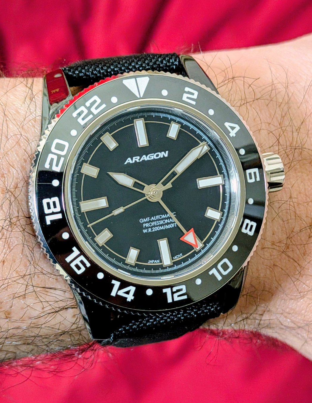 Aragon Hercules GMT. Full ceramic case running a Miyota 9075. Here on a Straphabit sailcloth strap.