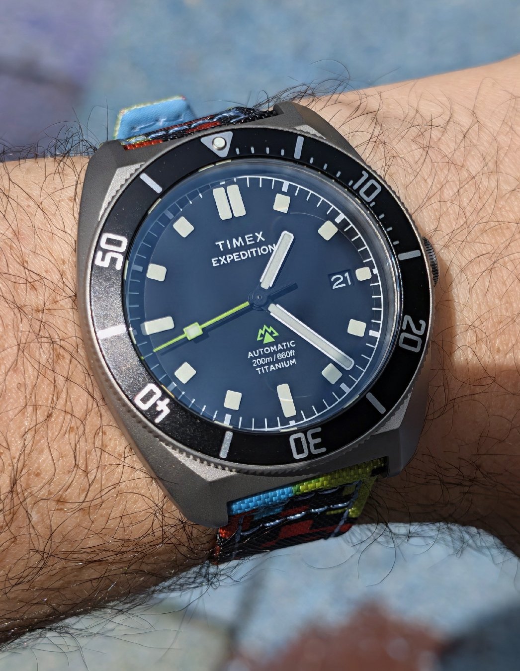 Timex Expedition Pioneer Titanium Automatic on a funky Straphabit multicolor sailcloth