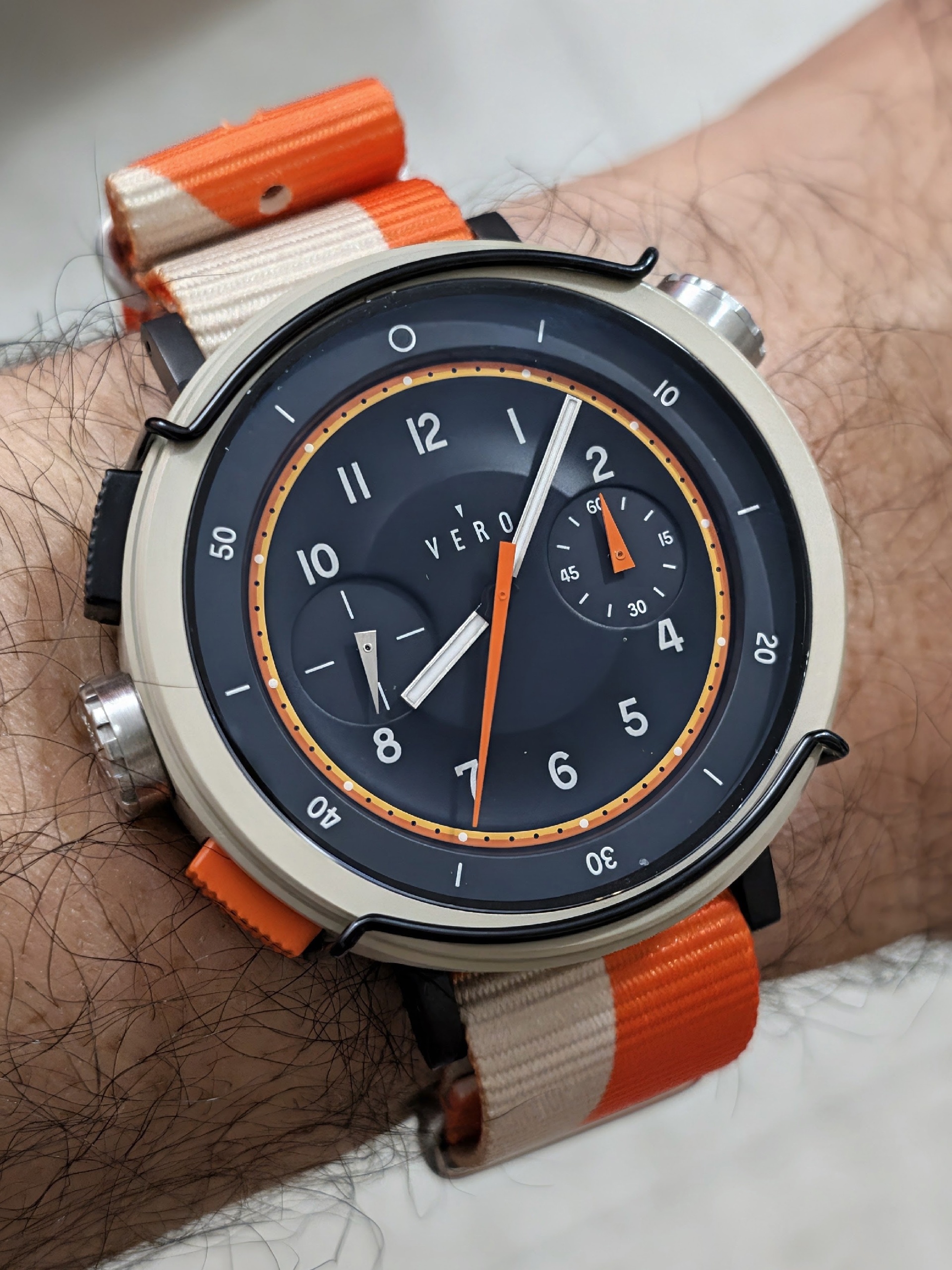 Vero Workhorse chronograph on a TGN x StrapHabit dazzle camo strap