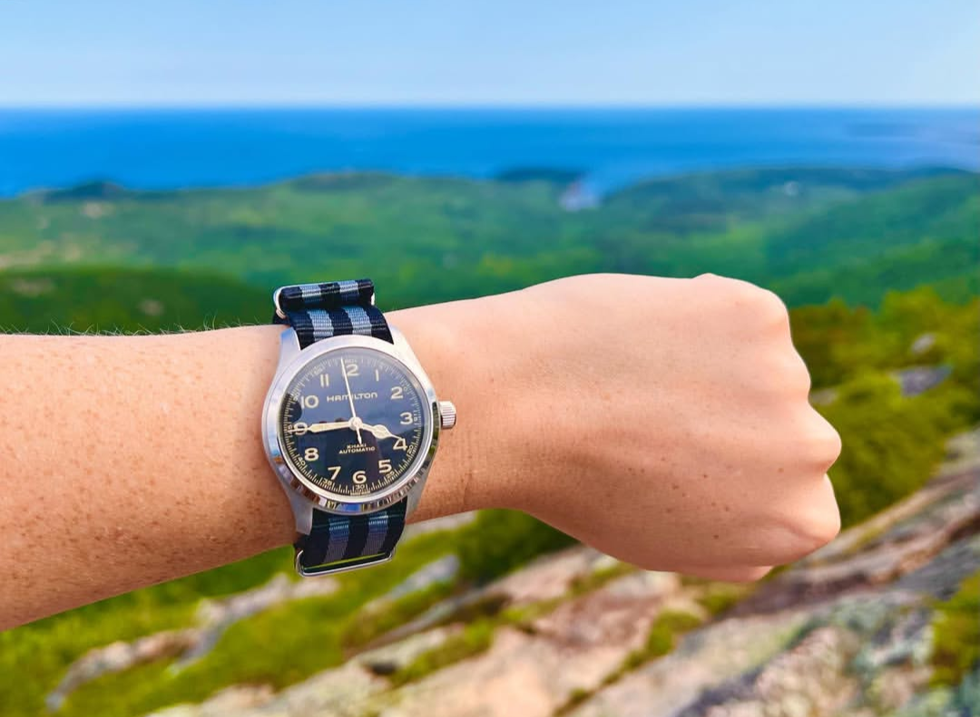 wanted this trip to be free of distraction and only wore the Murph 38mm on a gray and black striped NATO from Gcnswatchbands. brought along another strap just in case wanted to swap, but I never took it off this one! The vievw here is the summit of Cadillac Mountain where got to enjoy some time alone on the ridge before an afternoon storm rolled in.