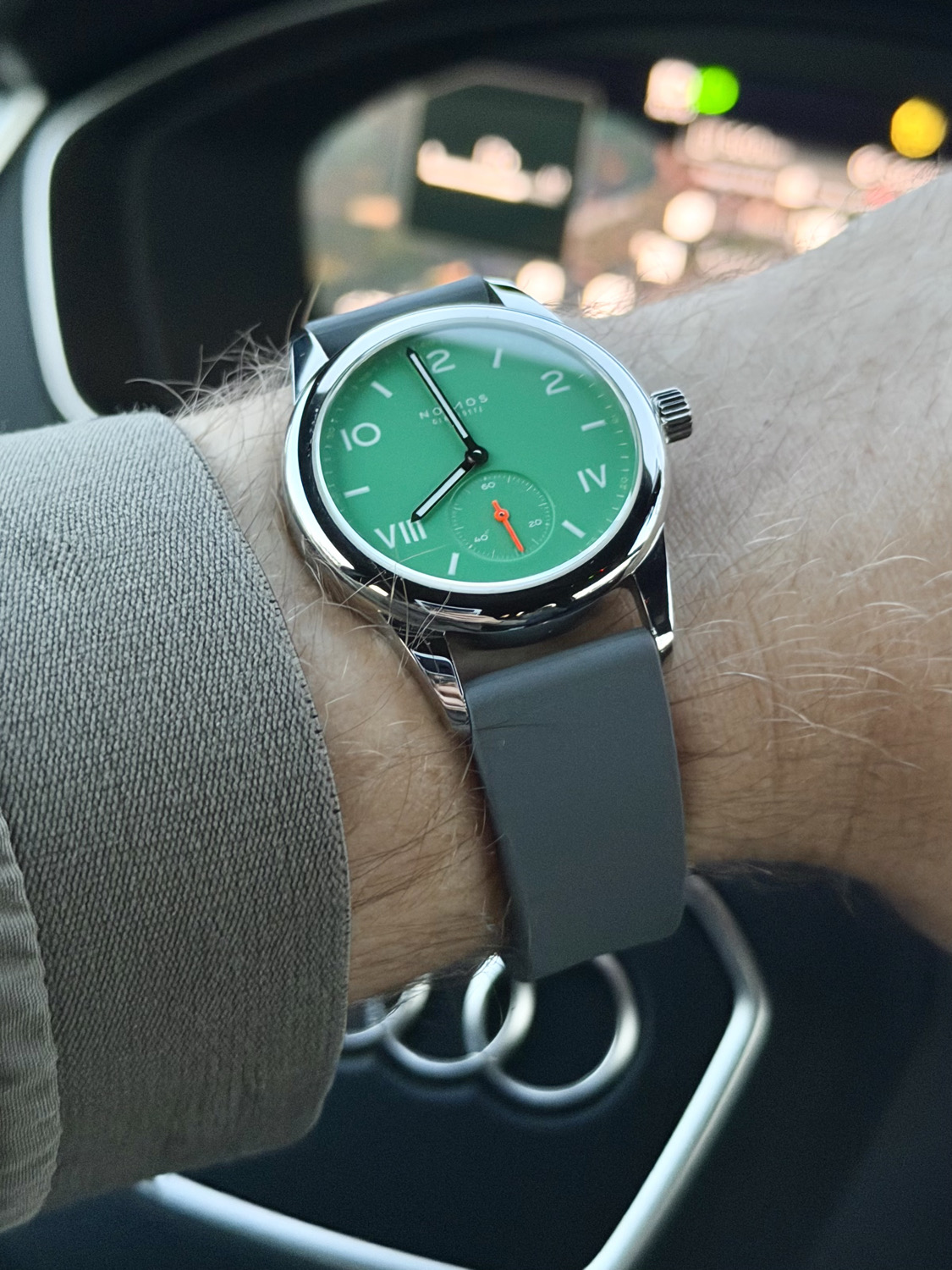 For today - Nomos Club Campus 36mm Electric Green on a CTS strap from Delugs 