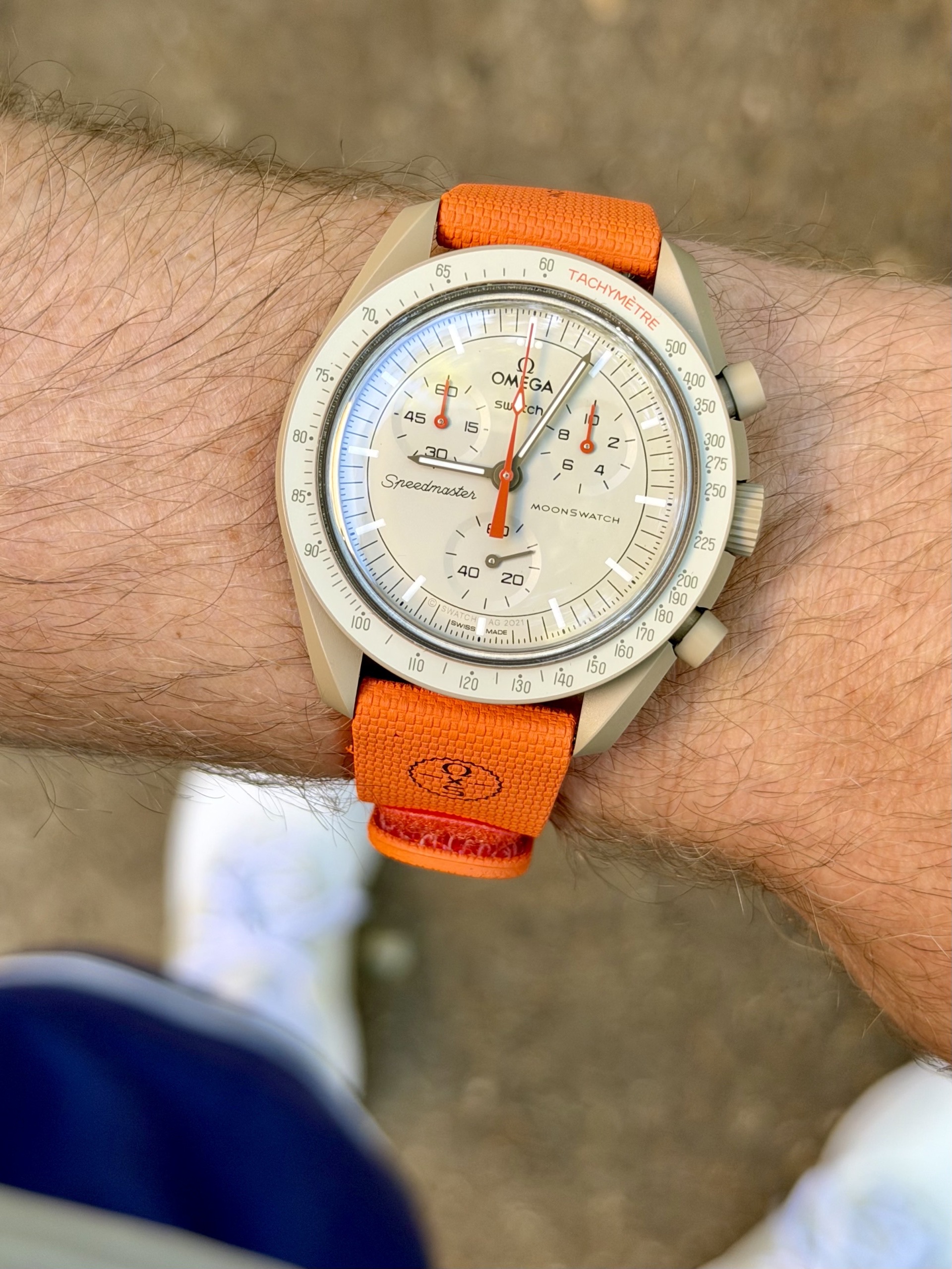 my Moonswatch Jupiter on the Bioceramic strap in orange, bought this one back in 2022 during vacation in Amsterdam at the Swatch Store for retail 🥳