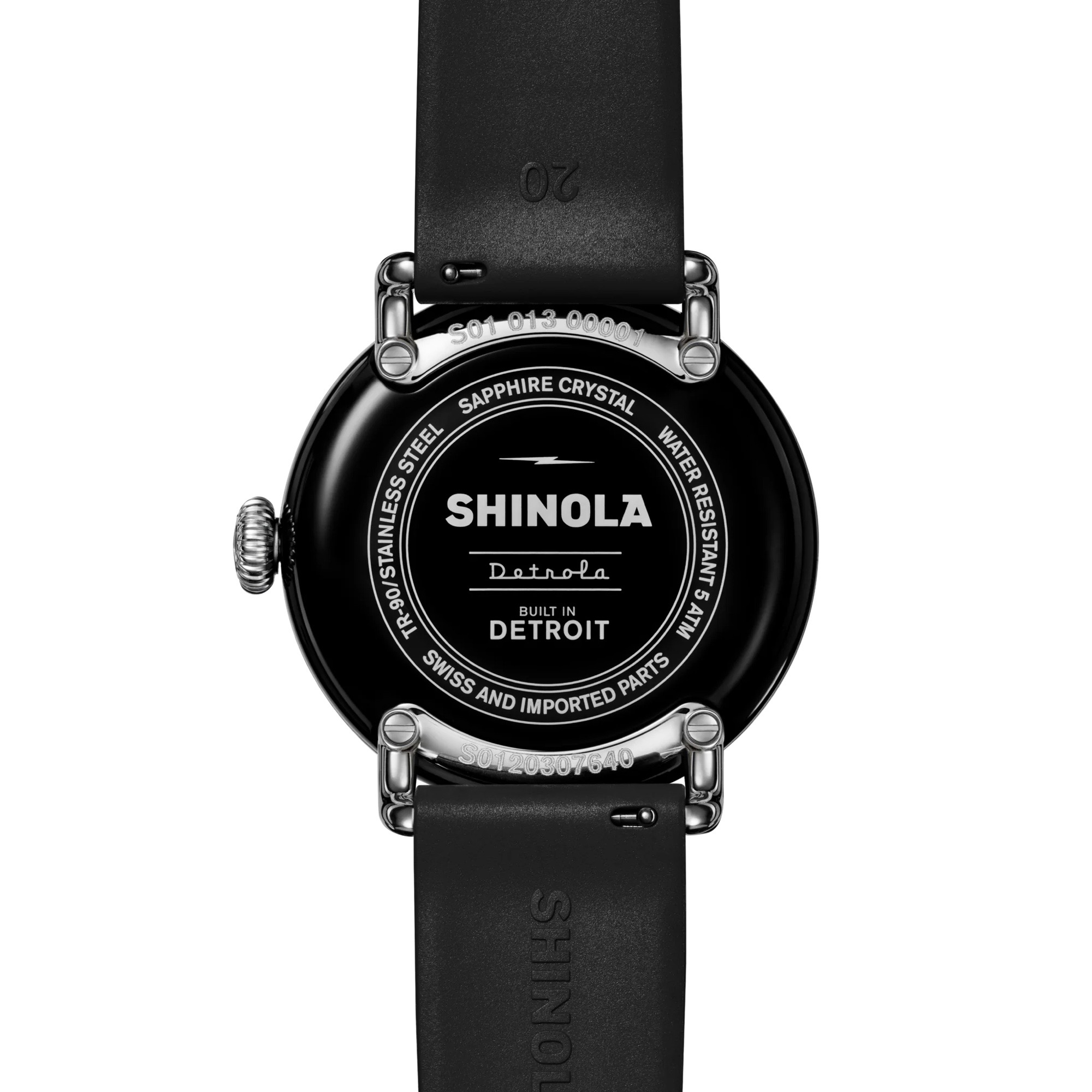 Shinola Detrola watch, black case back with 'Built in Detroit,' 'Sapphire Crystal,' 'Water Resistant 5 ATM' in silver text.